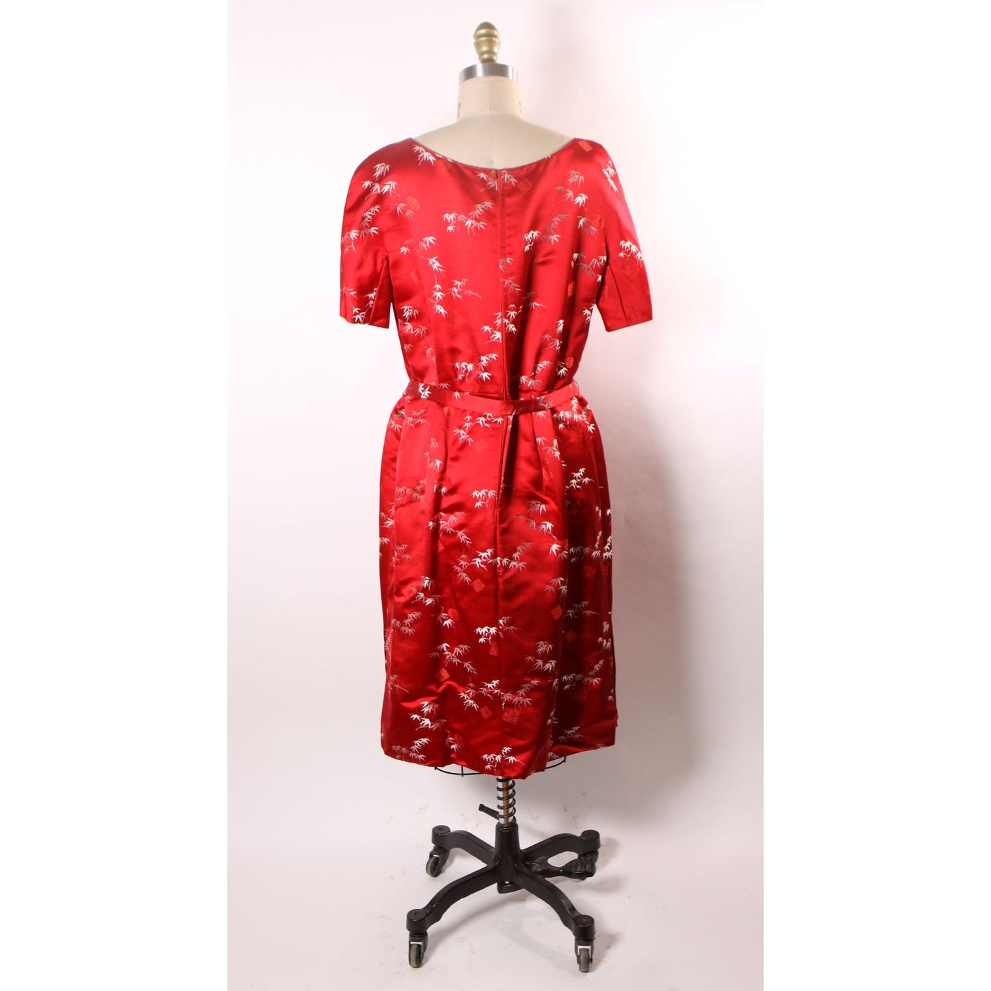 1960s Red Brocade Chinese Short Sleeve Belted Dress with Matching Purse and High Heels by Blue Sky Shoes -XL