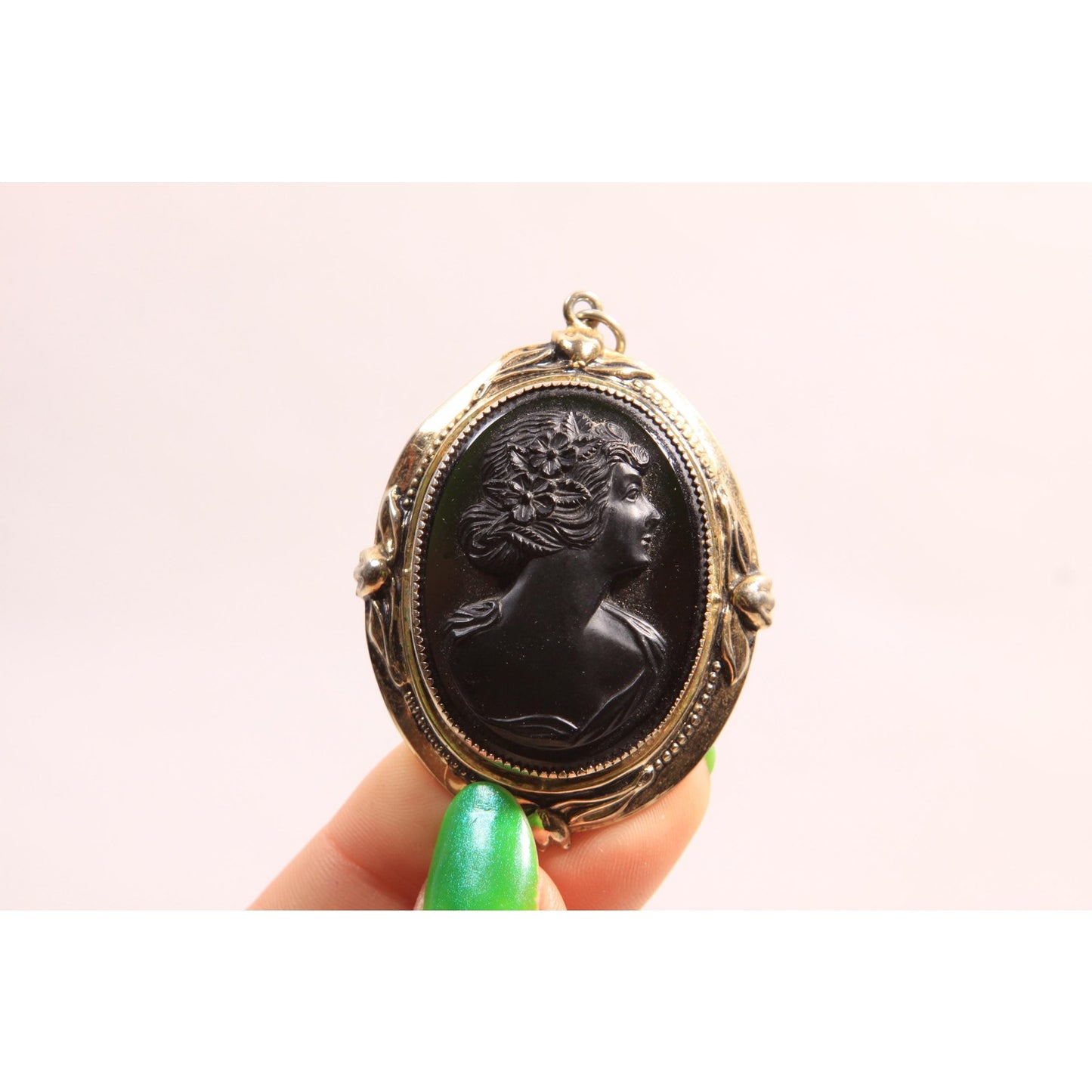 1950s 1960s Black and Gold Tone Metal Necklace Pendant by Coro
