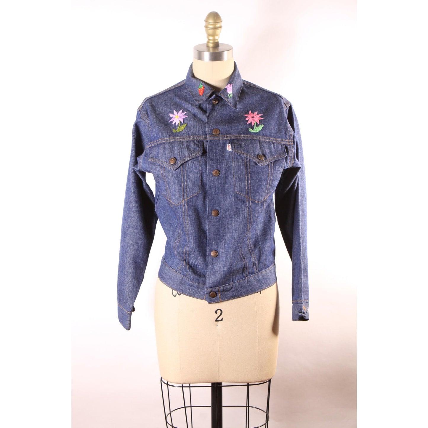1970s Blue Denim Novelty Embroidered Floral Flowers Sunflowers and Strawberry Cropped Denim Jacket by Levi's -M