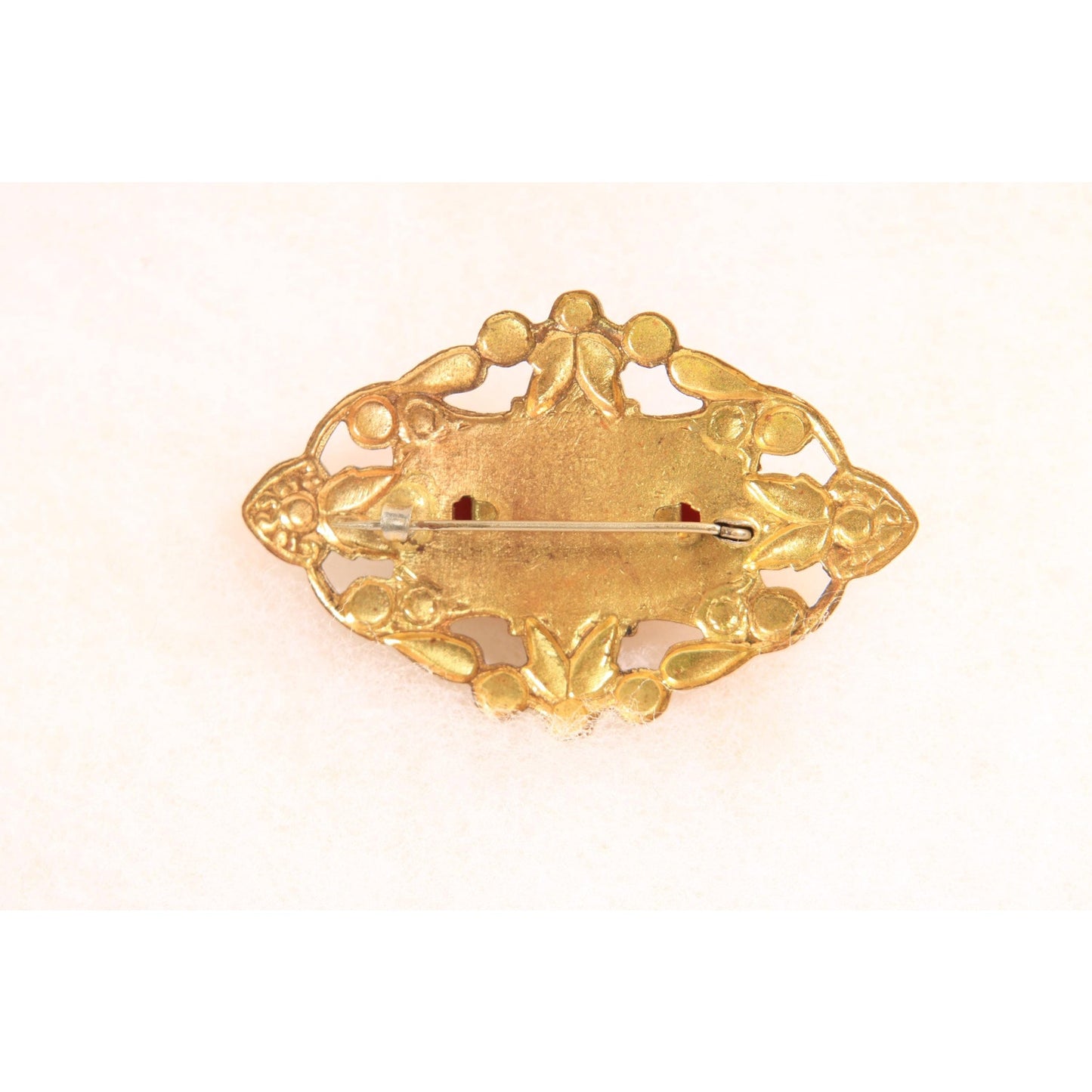 Antique 1900s 1910s Edwardian Gold Brass Tone Metal and Orange Red Brooch