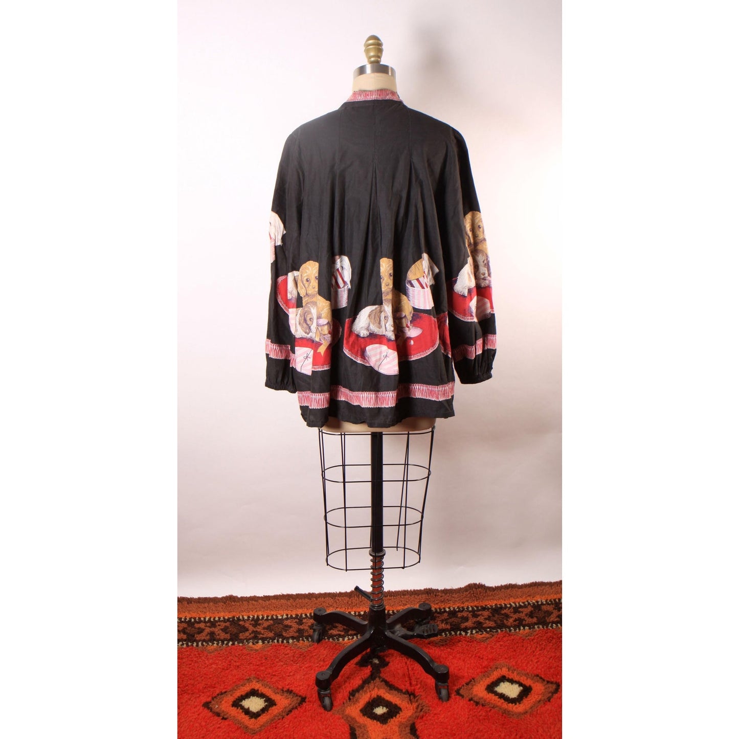 1950s Novelty Puppies and Presents Black Long Sleeve John Wolf Print Blouse Smock Top -XL