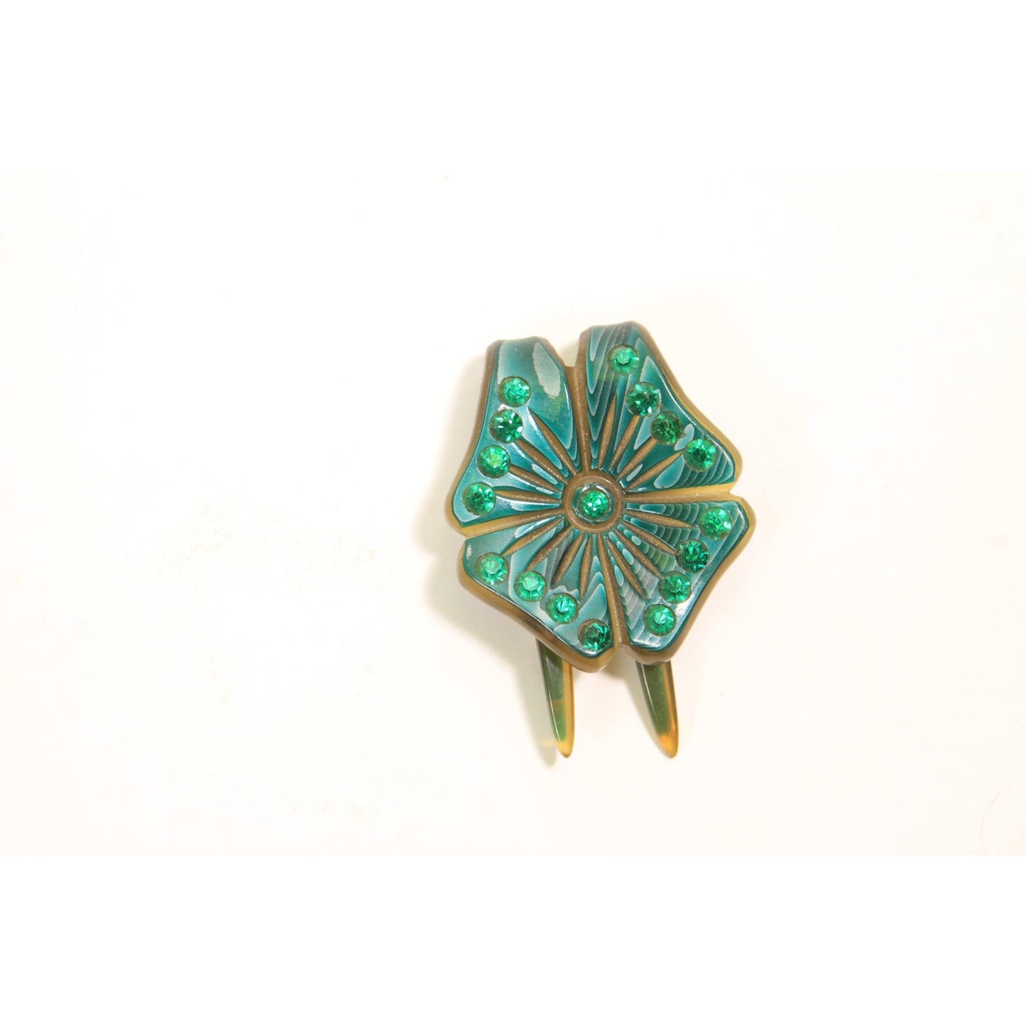 1930s Green Flower Floral Rhinestone Prong Hair Fork Comb