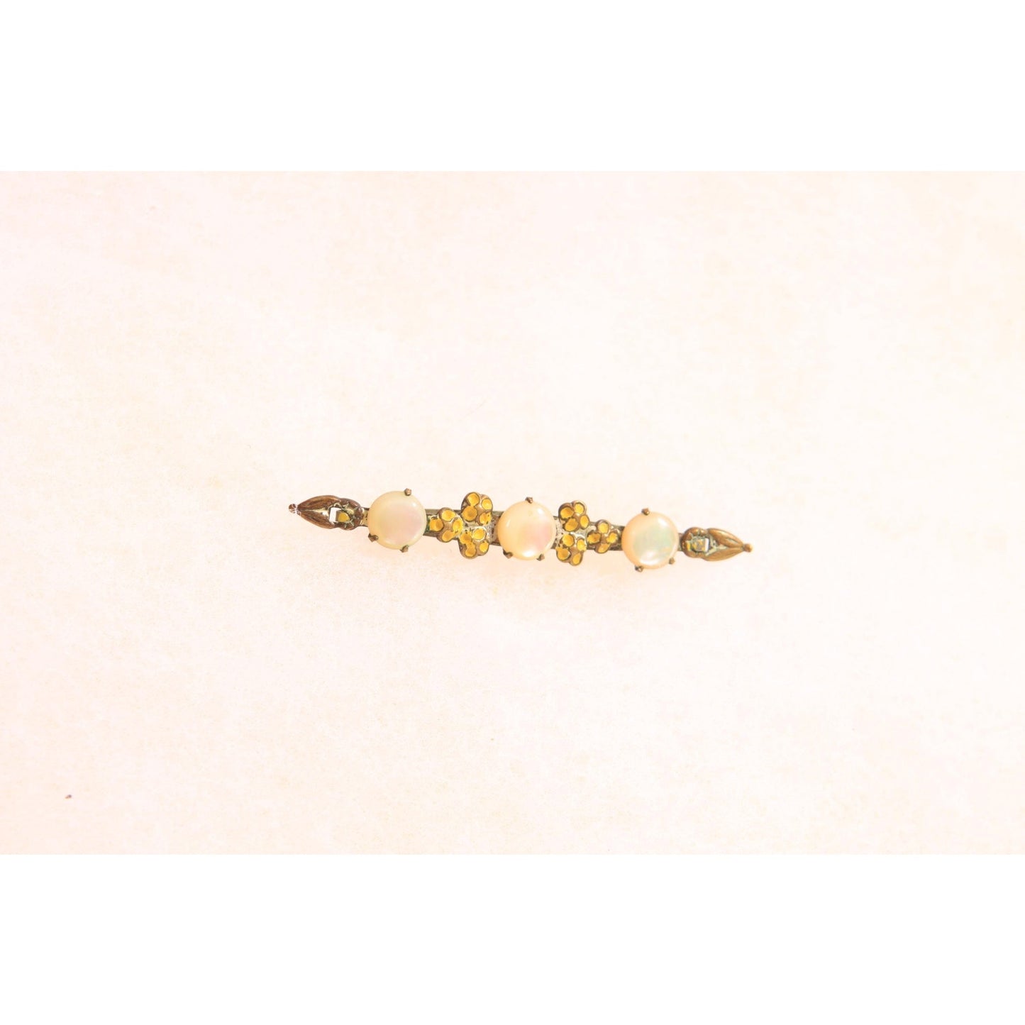 Antique 1910s 1920s Edwardian Yellow and Mother of Pearl Floral Bar Brooch