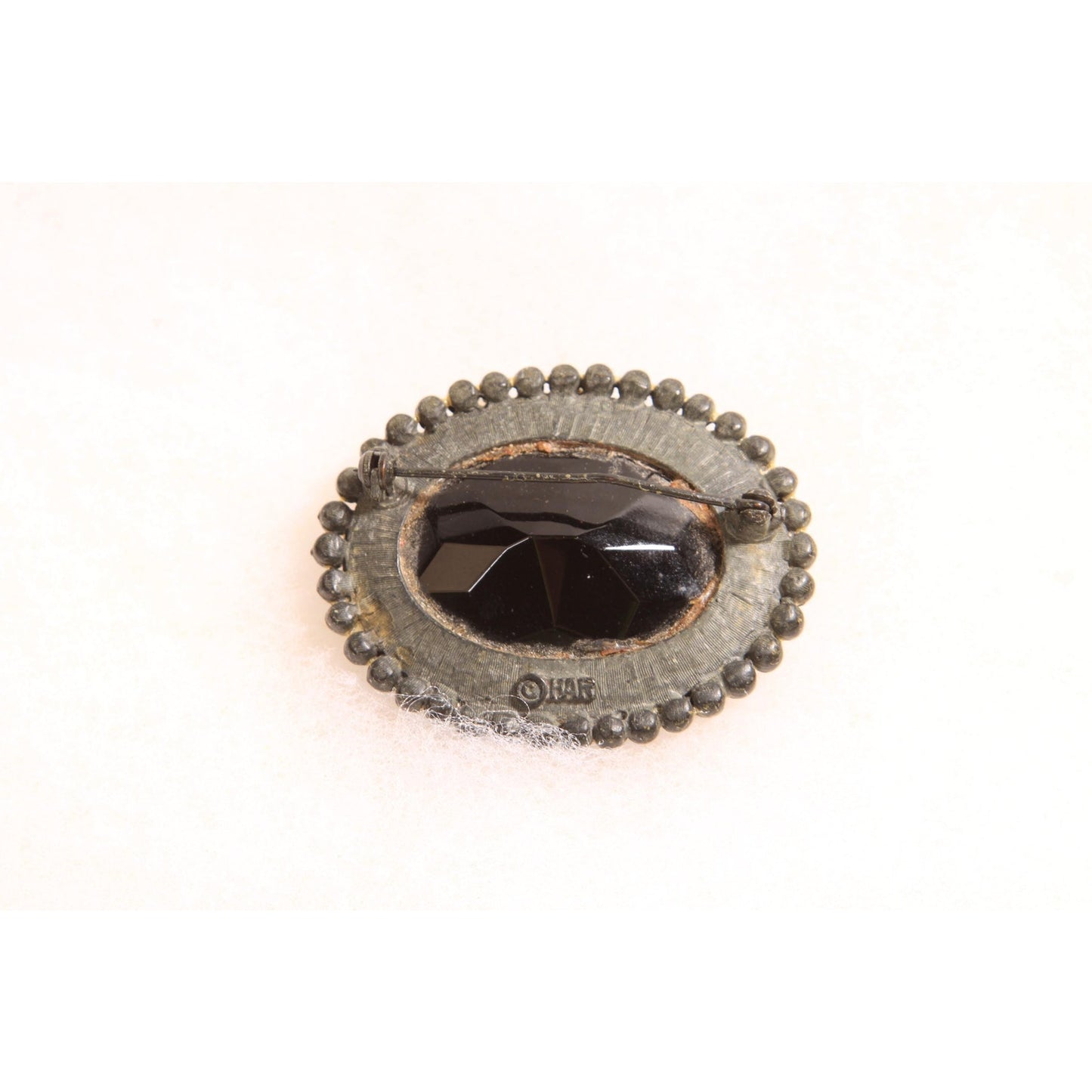 1960s Black Glass Faceted Cabochan Oval Brooch by HAR