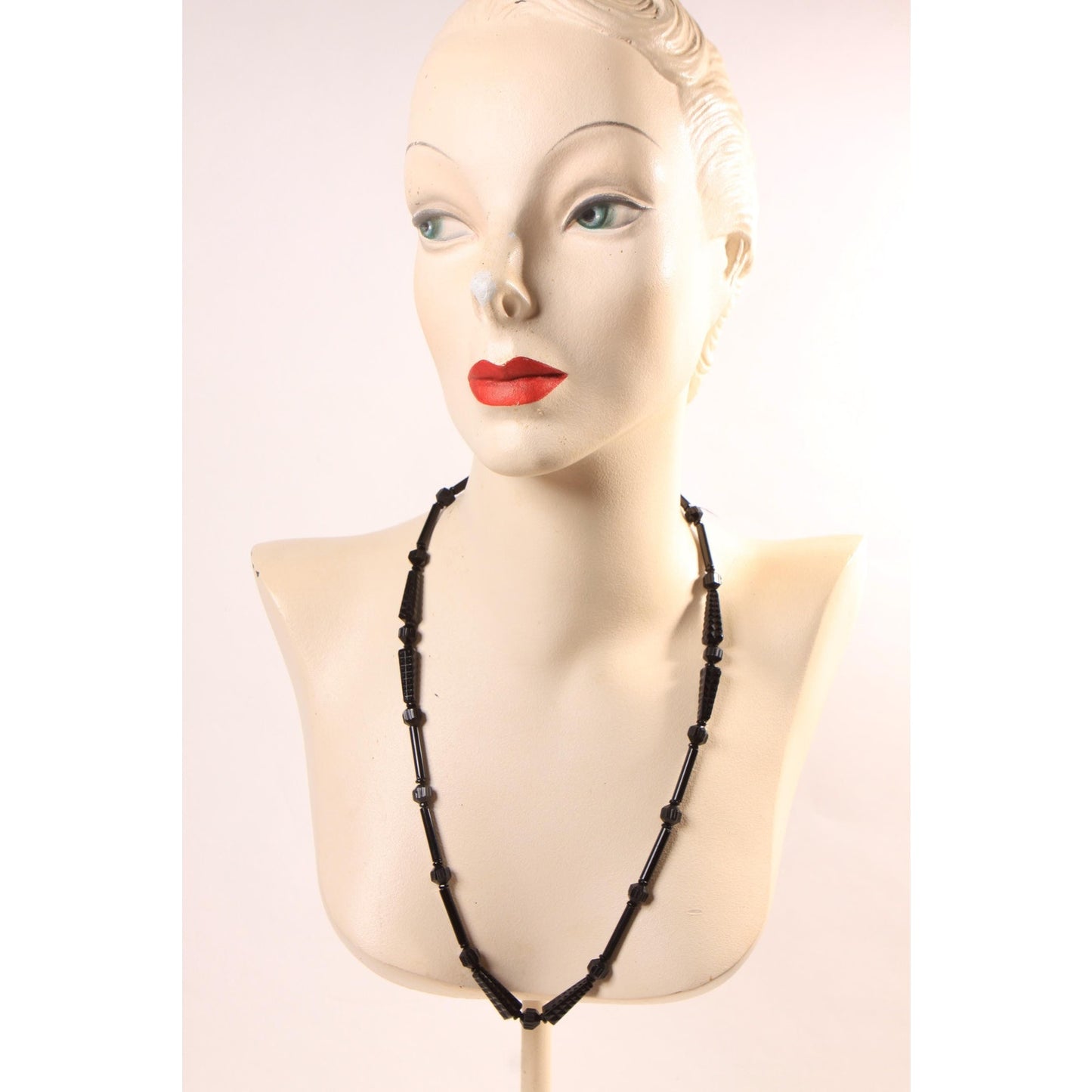 1920s 1930s Black Glass Carved Art Deco Faceted Beaded Necklaces