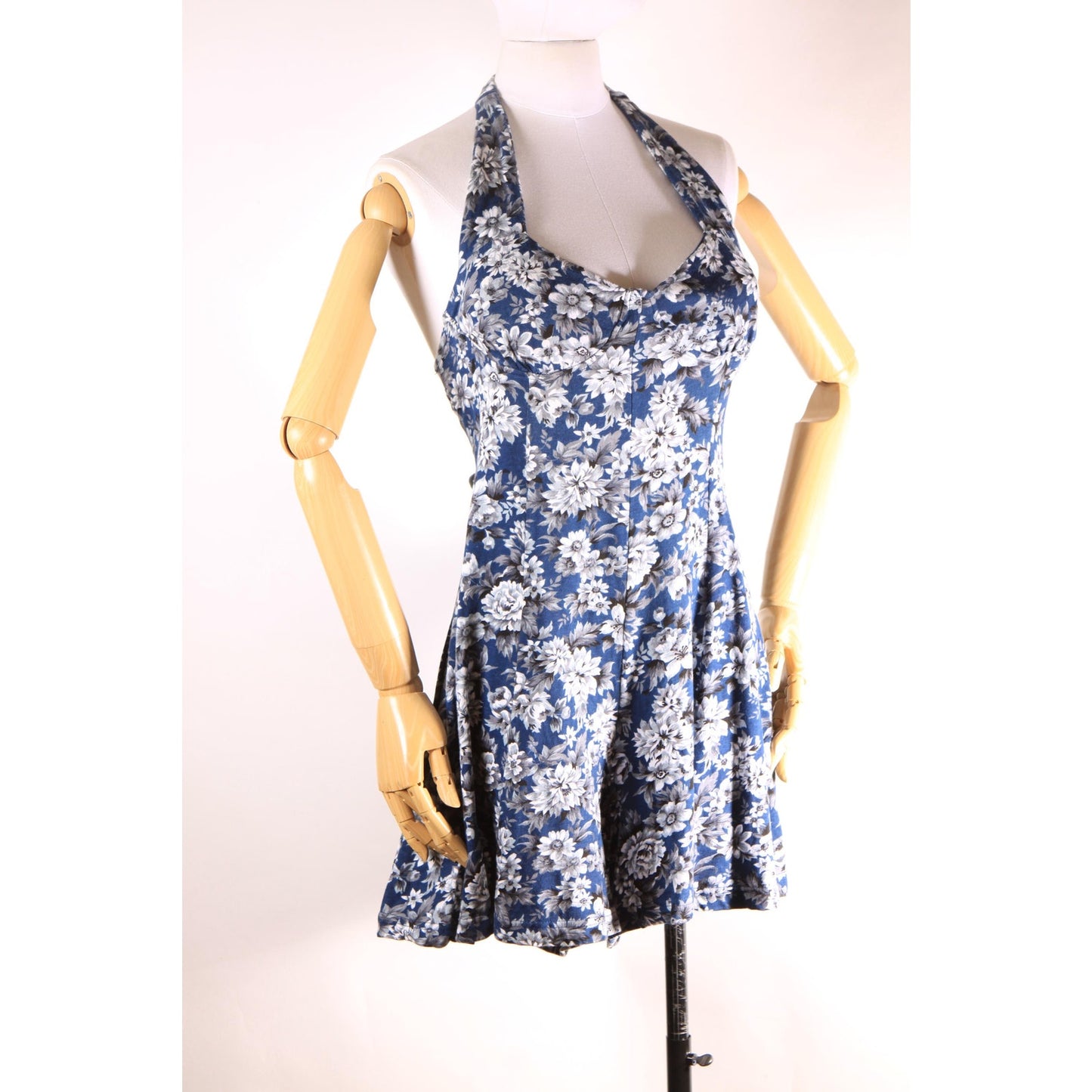 1990s Blue and White Floral Halter Top One Piece Romper by Energie -M