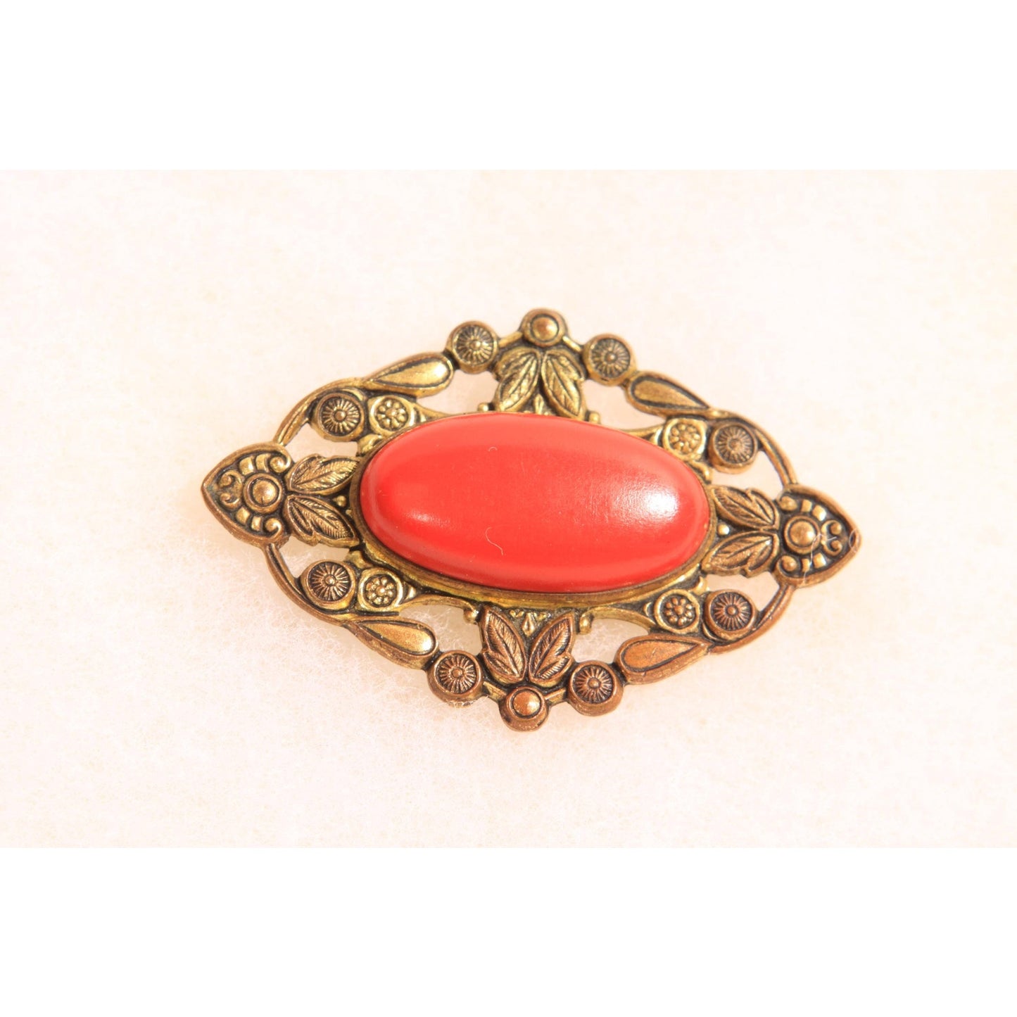 Antique 1900s 1910s Edwardian Gold Brass Tone Metal and Orange Red Brooch