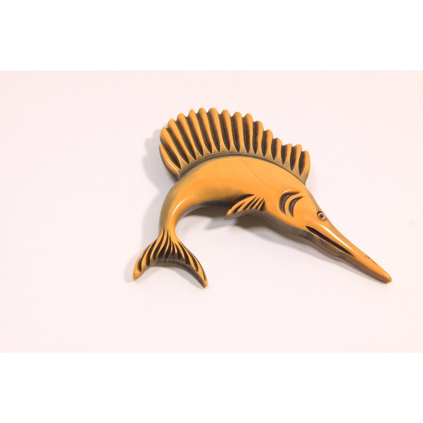 1940s 1950s Novelty Yellow Carved Bakelite Marlin Sailfish Swordfish Brooch