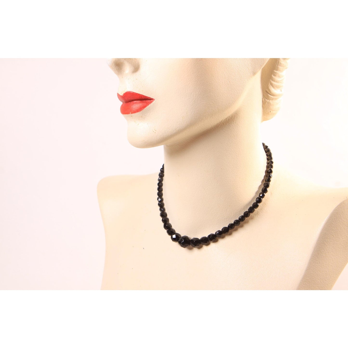 1950s Black Faceted Glass Beaded Necklace