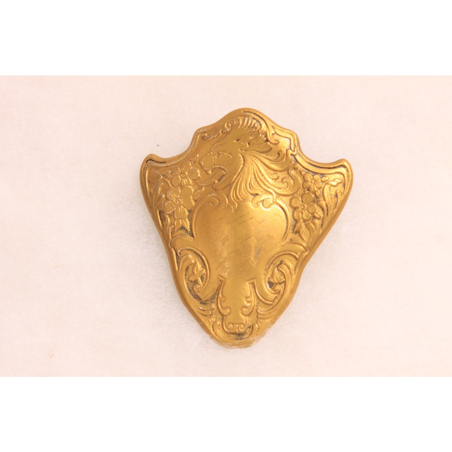 Antique 1800s Victorian Gold Tone Metal Lion Shield Initial Brooch