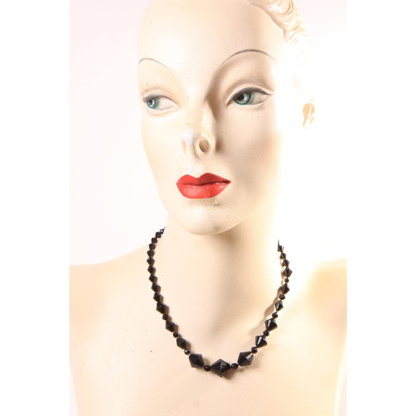 1950s Black Glass Faceted Beaded Necklace