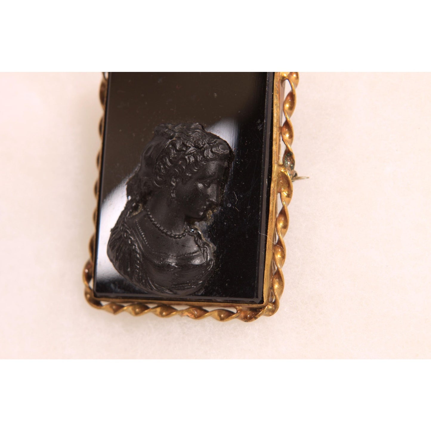 Antique Victorian 1800s Black Glass Cameo Square Gold Tone Metal Cameo Brooch
