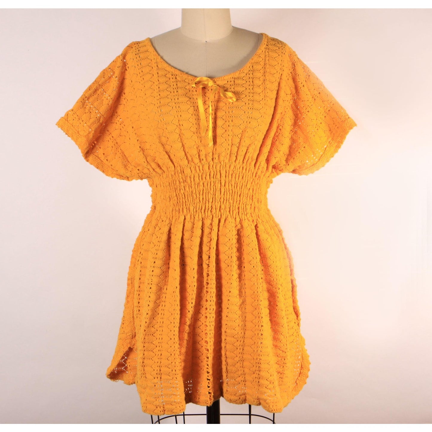 1970s Golden Harvest Yellow Smocked Short Sleeve Knit Blouse -L
