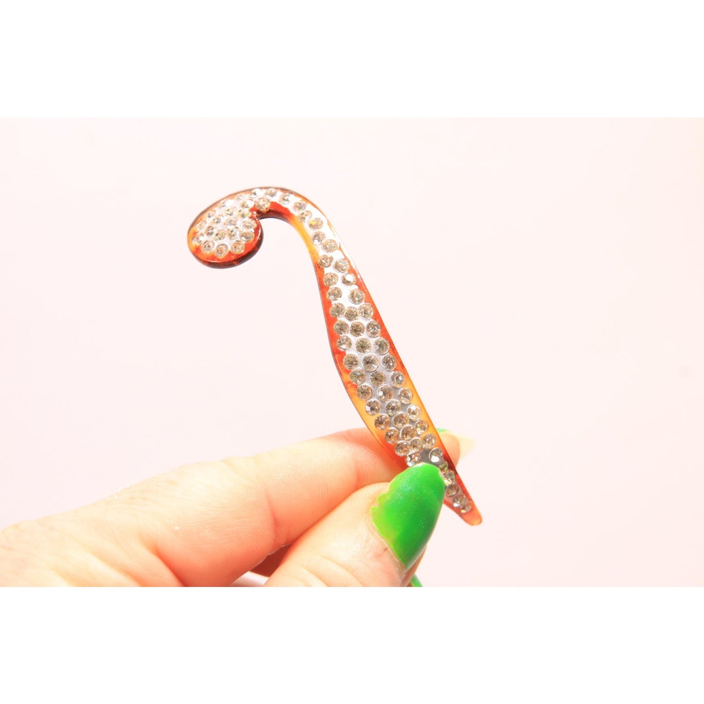 1920s 1930s Art Deco Tortoise Brown Rhinestone Detail Swirl Hair Pick Fork Comb