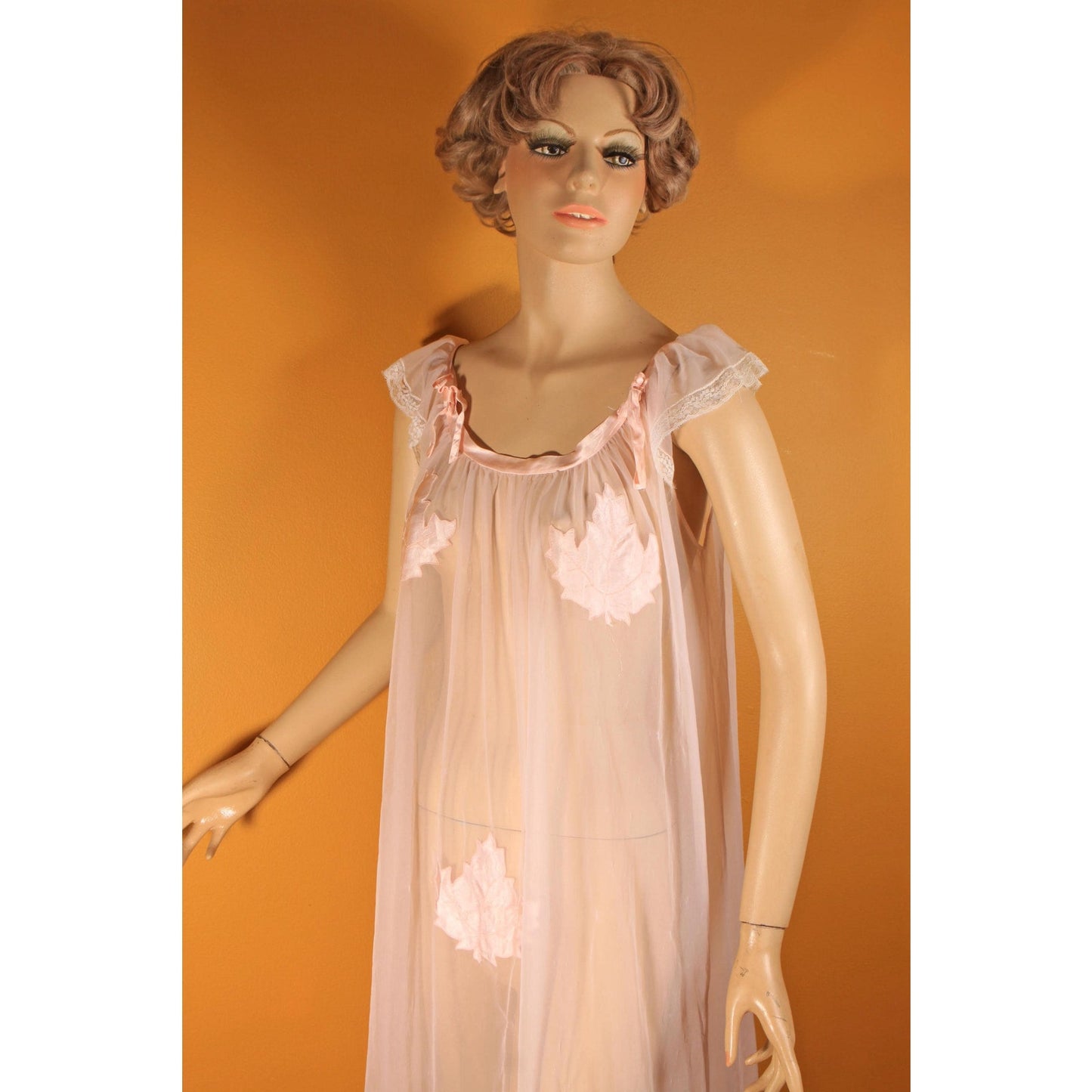 1950s Sheer Illusion Pink Fig Leaf Risque Pin Up Eves Leaves Babydoll Peignoir Night Gown by Chevette