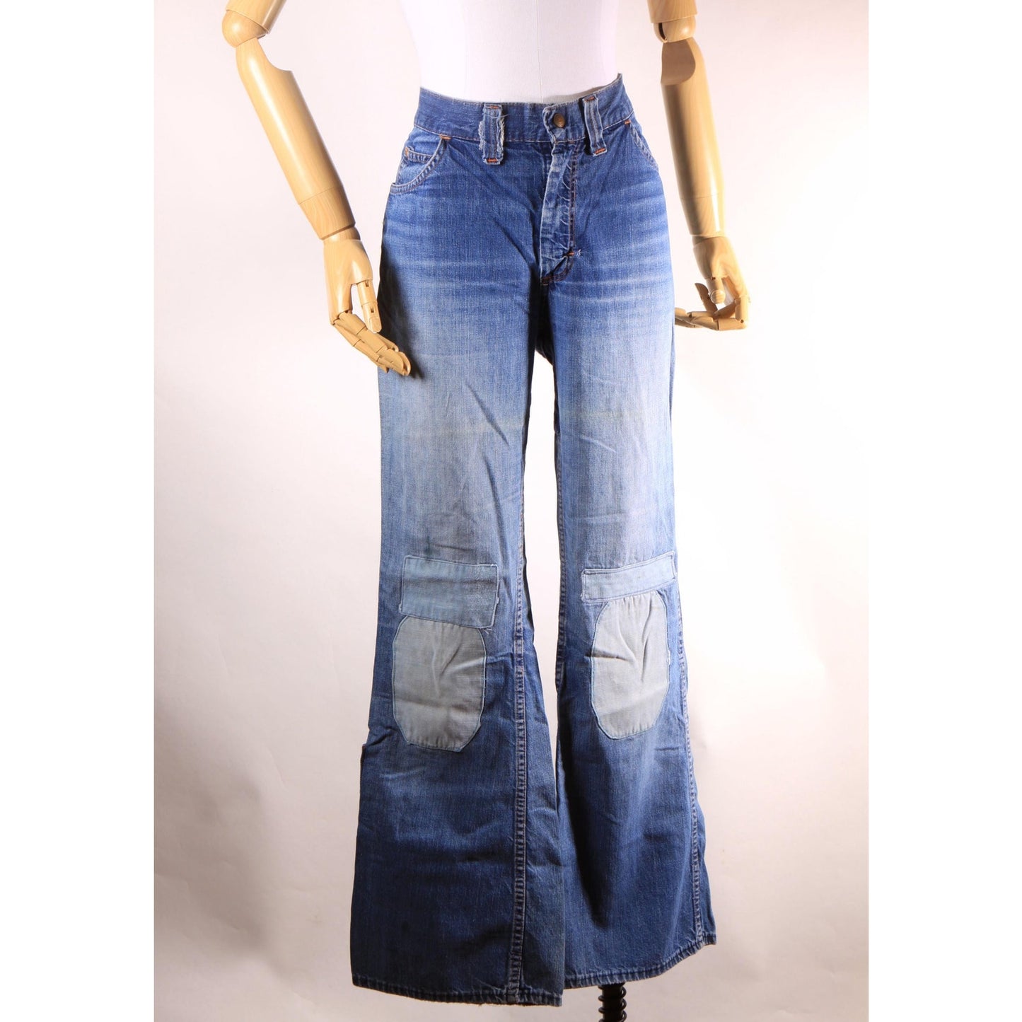 1970s Blue Denim Patchwork Patched Denim Jeans by Montgomery Ward