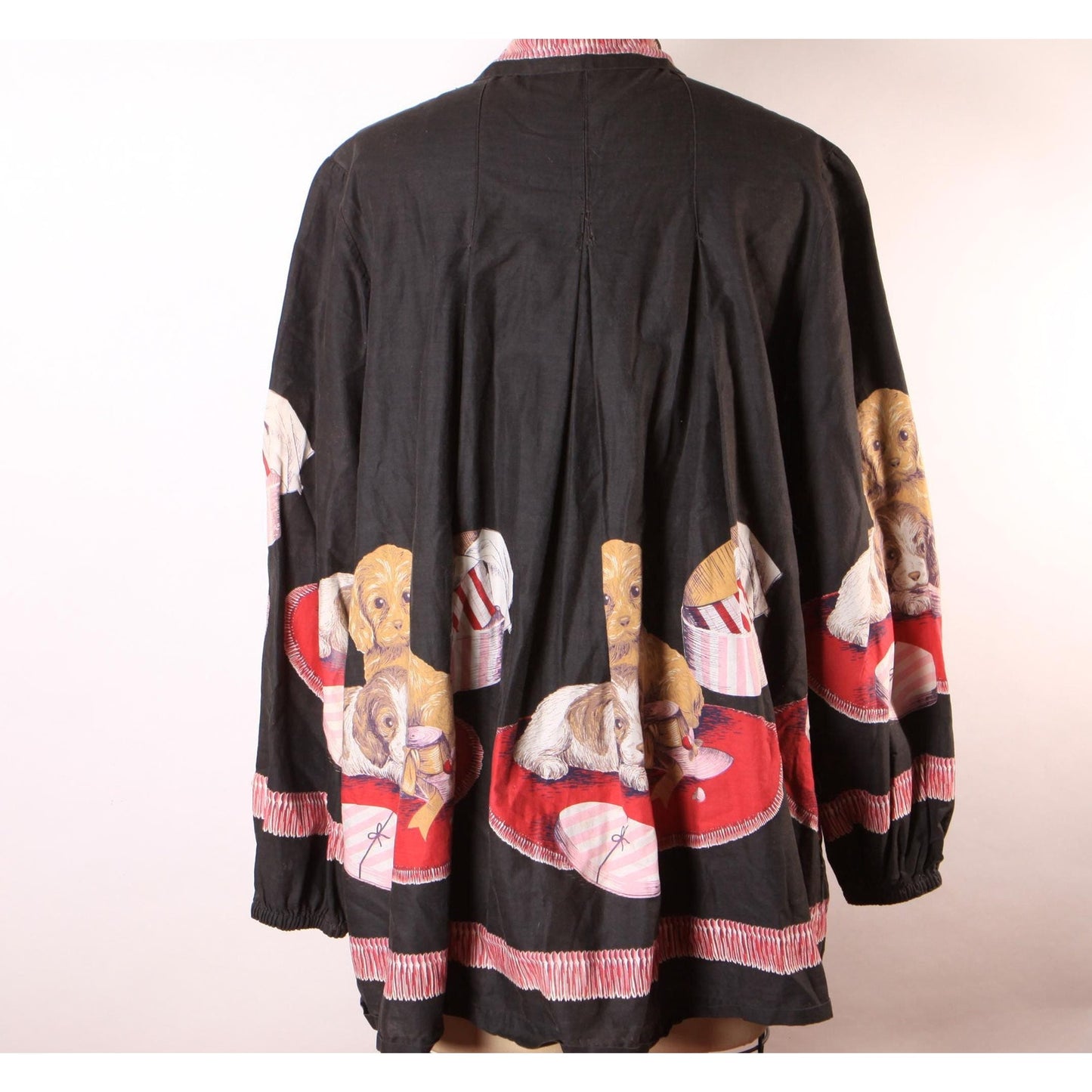 1950s Novelty Puppies and Presents Black Long Sleeve John Wolf Print Blouse Smock Top -XL