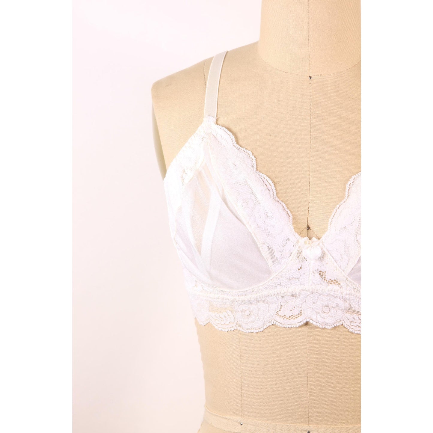 1980s White Sheer Lace Trim Bow Detail Bra by Fredericks of Hollywood-38C