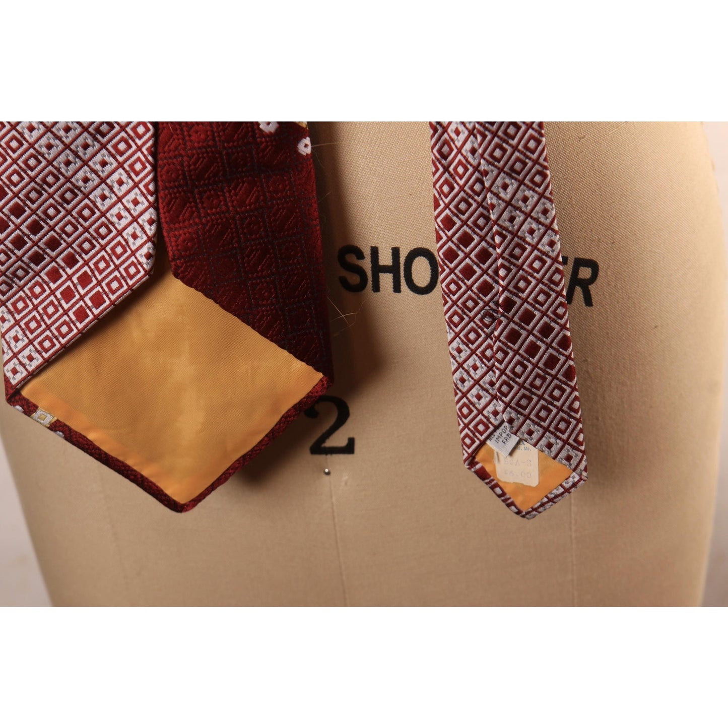 1970s Deadstock Burgundy, Tan and White Polyester Patterned Wide Necktie Tie by Mr. John & Marx