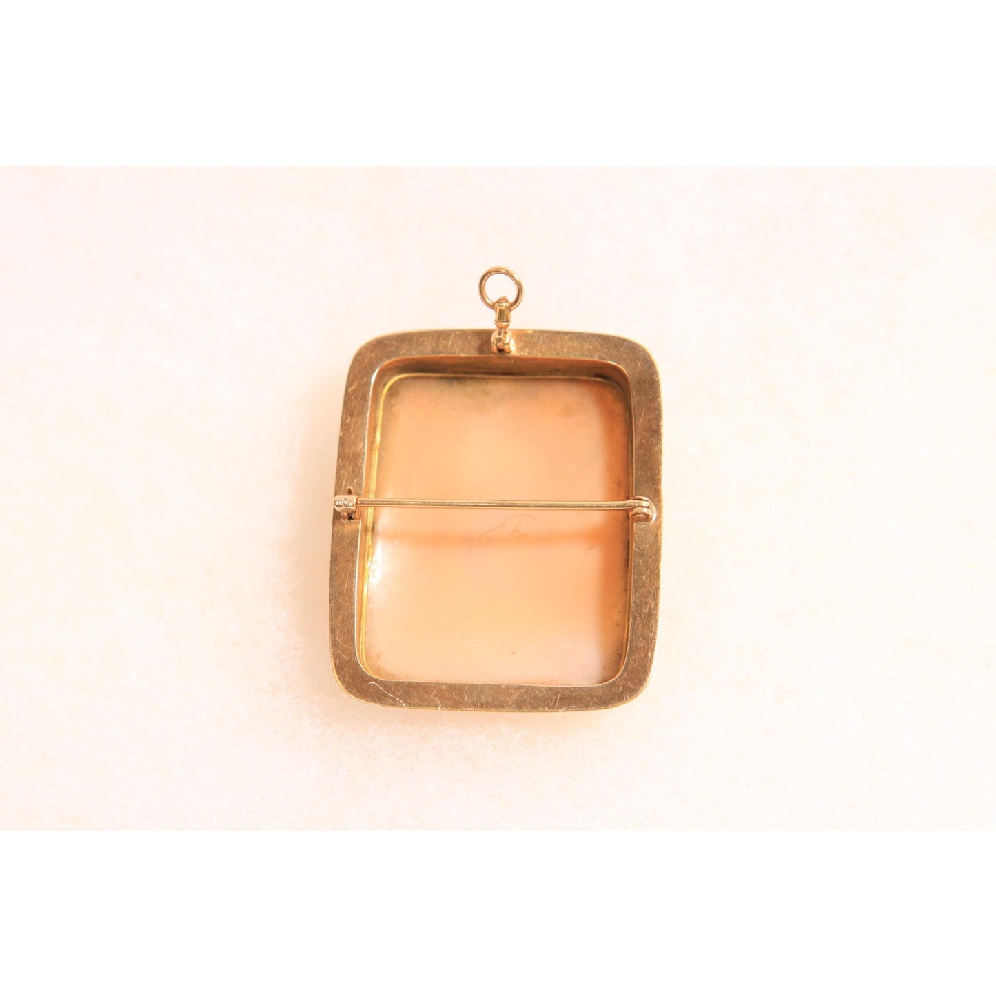Antique 1900s 1910s 1920s Peach Pink, Cream and Gold Tone Metal Carved Shell Brooch Pendant