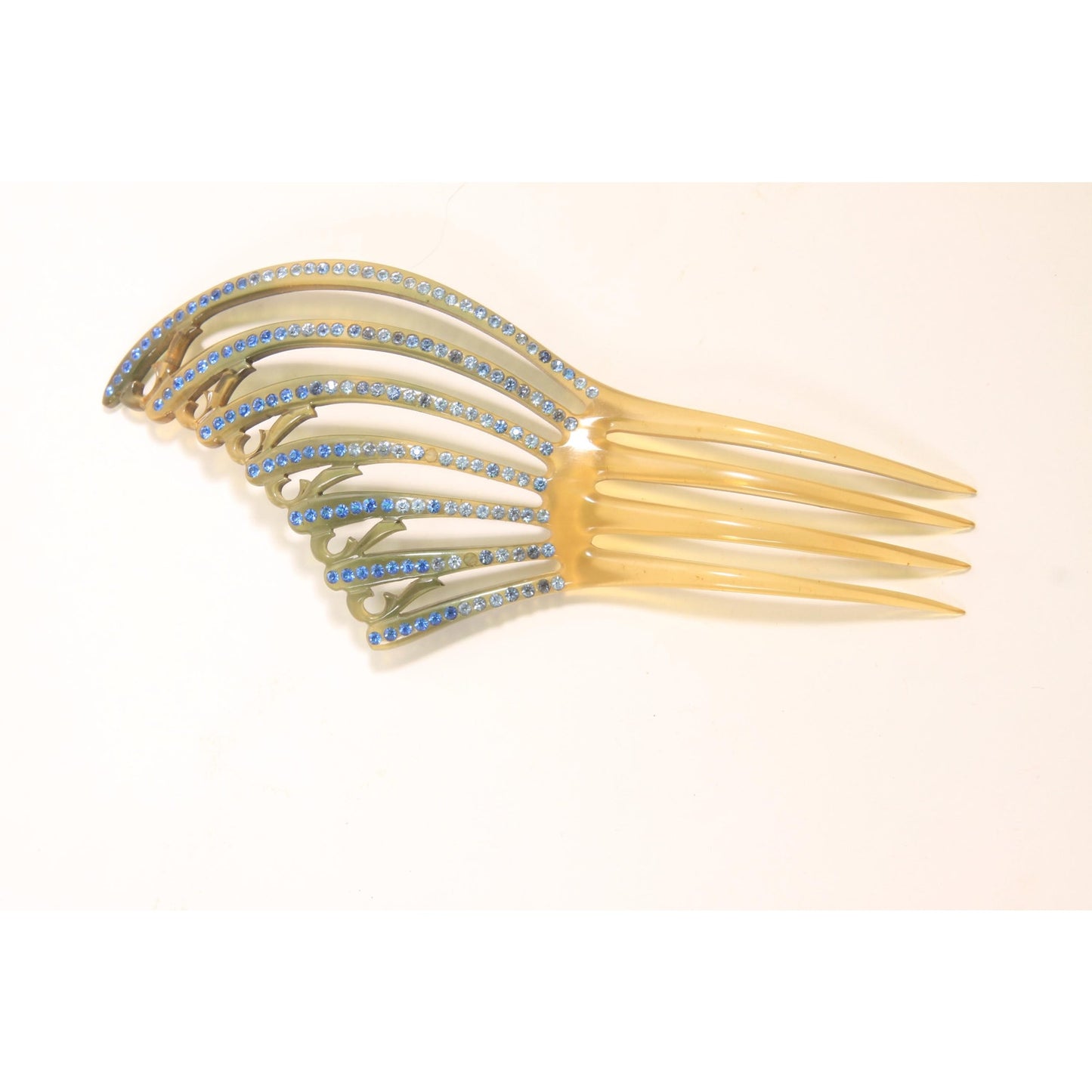 1930s Tan, Gray and Blue Rhinestone Fan Art Deco Hair Comb
