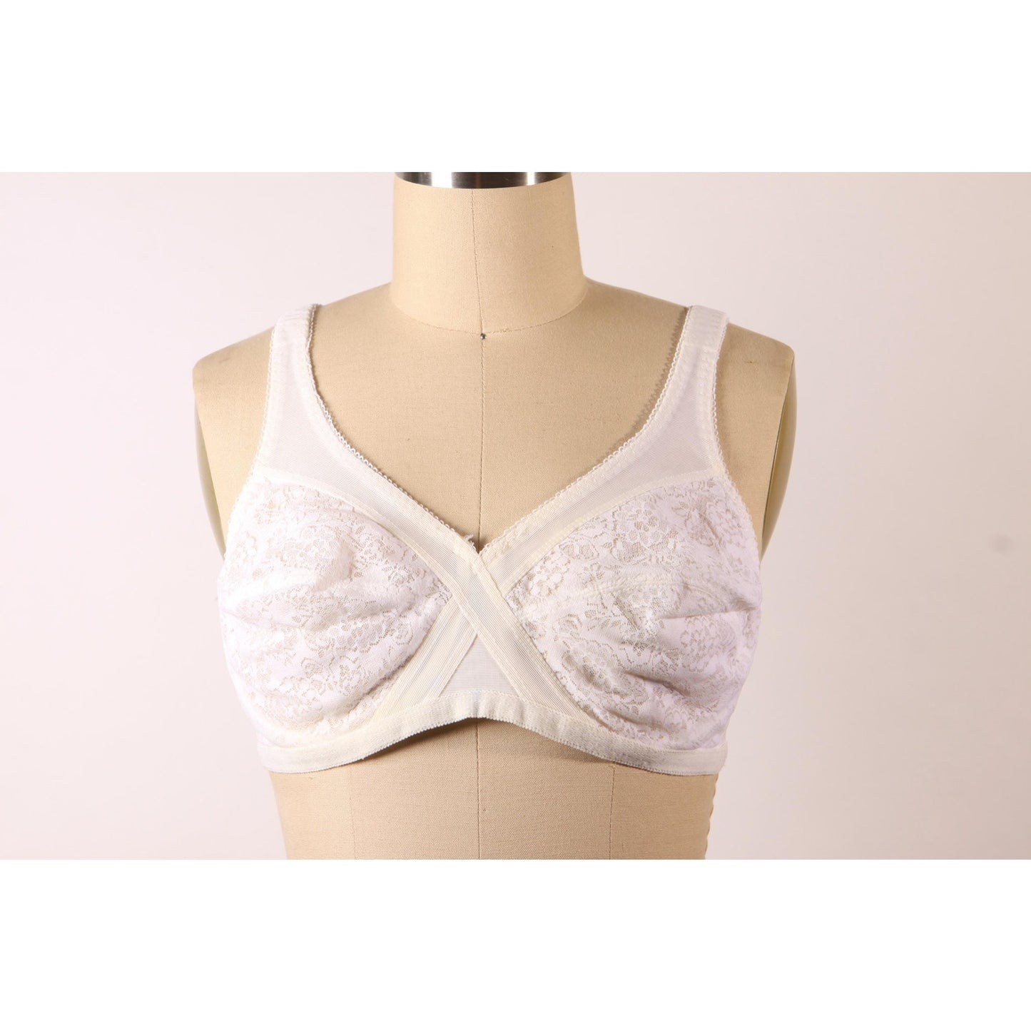 1970s White Criss Cross Sheer Floral Lace Bra by Montgomery Ward-38B