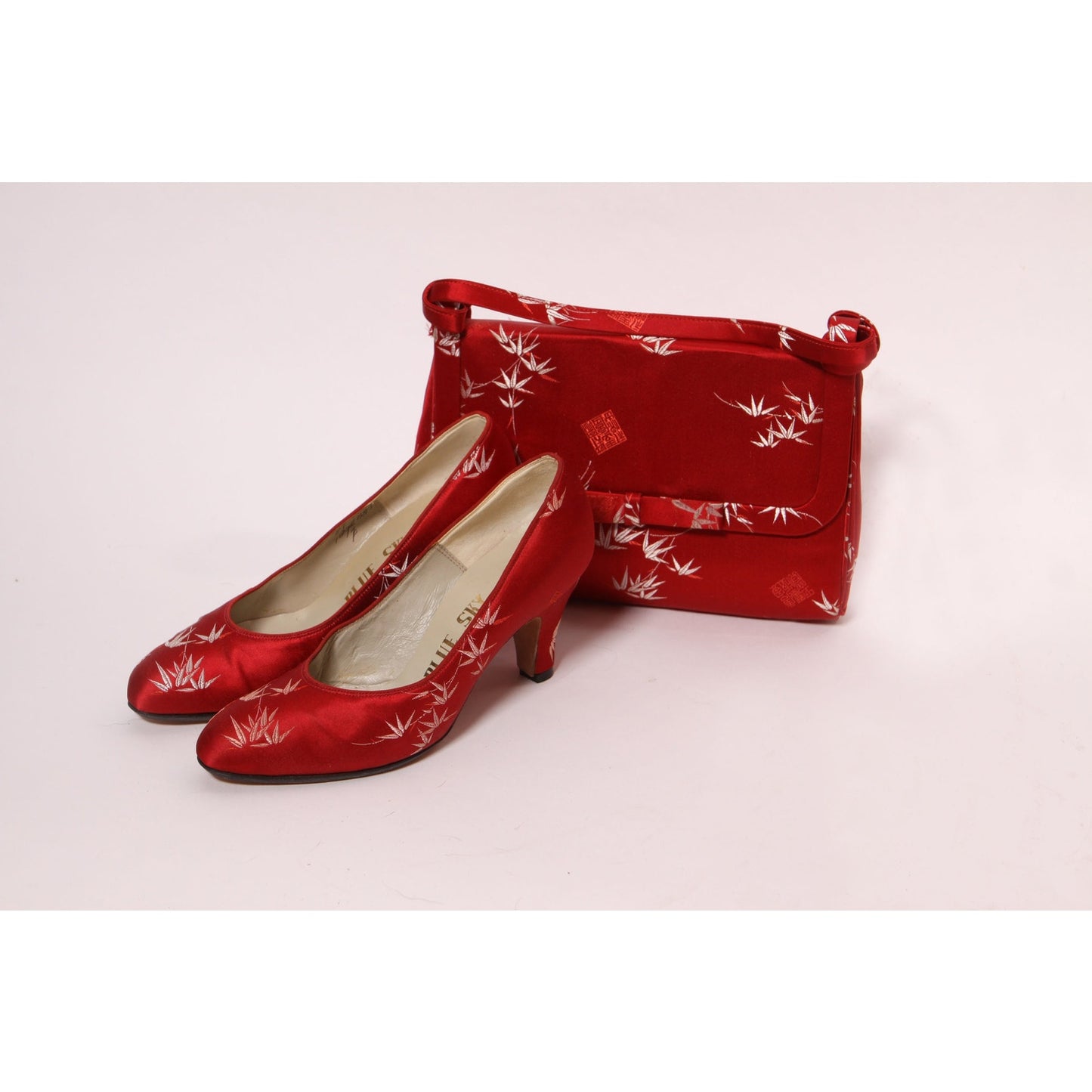 1960s Red Brocade Chinese Short Sleeve Belted Dress with Matching Purse and High Heels by Blue Sky Shoes -XL