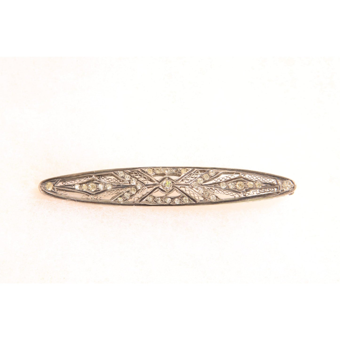 Antique 1920s Silver Tone Metal Marcasite Oval Bar Brooch