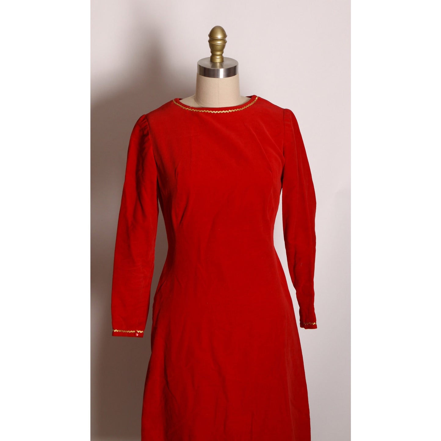 1960s Red Velvet 3/4 Length Sleeve Gold Trim Flared Christmas Dress -XS