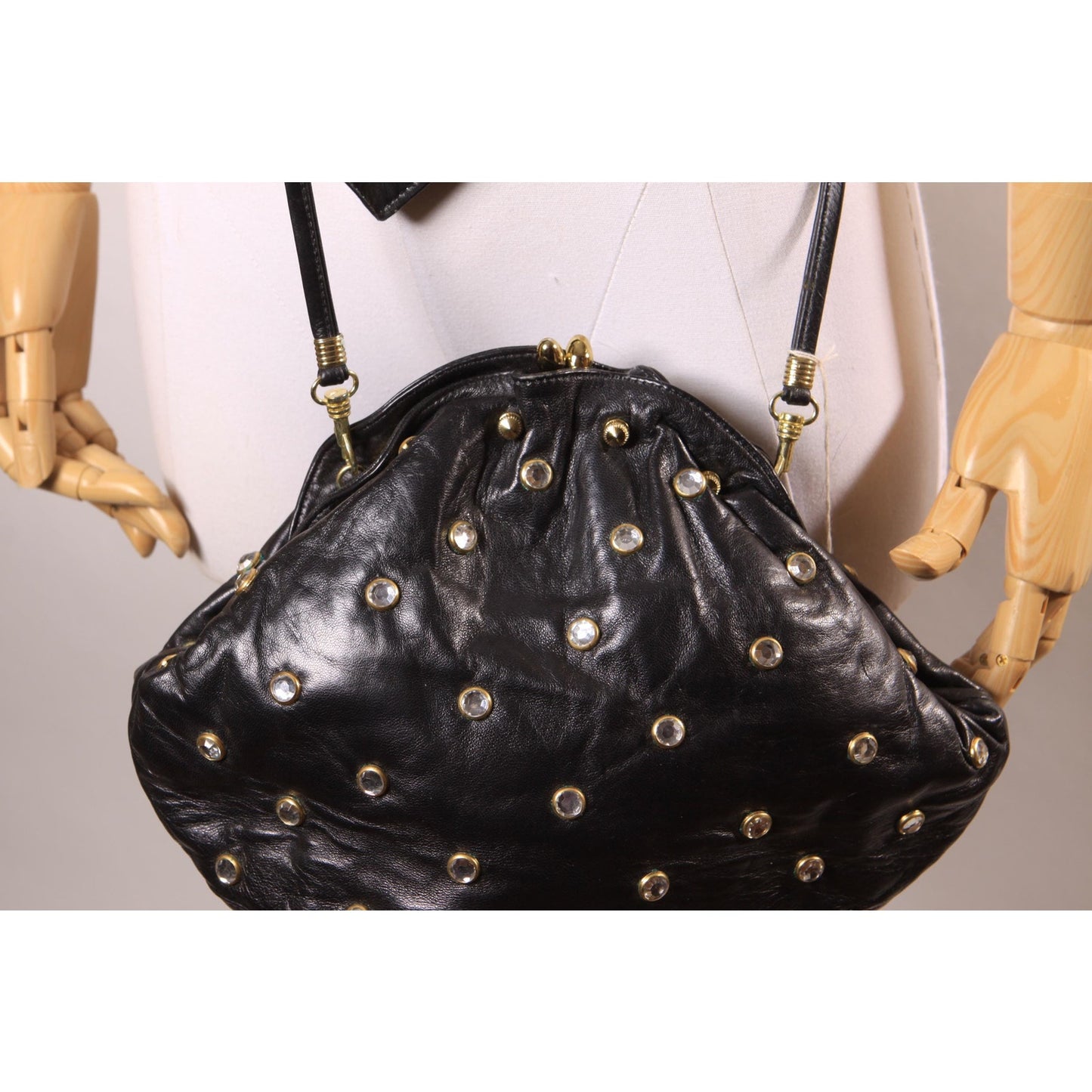 1980s Black Leather Gold Metal Rhinestone Bedazzled Shoulder Bag Purse with Matching Rhinestone Leather V Shaped Belt by Isabel