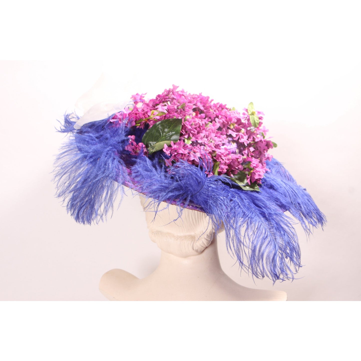 1980s Does Edwardian Victorian Style Wide Brim Purple Straw Hat with Blue Feather and Faux Flowers Floral Hat