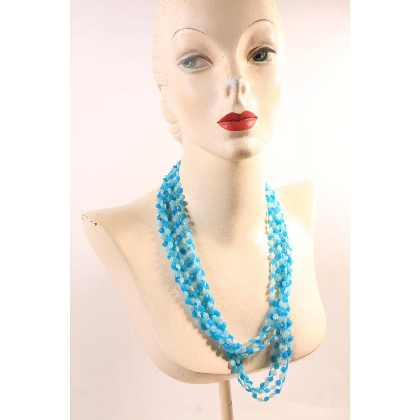 1960s Turquoise Blue Flower Floral Shaped Beaded Multi-Strand Necklace