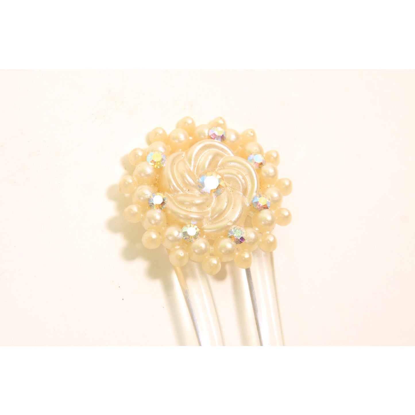 1940s 1950s Cream Rhinestone Floral Circle Hair Comb Fork