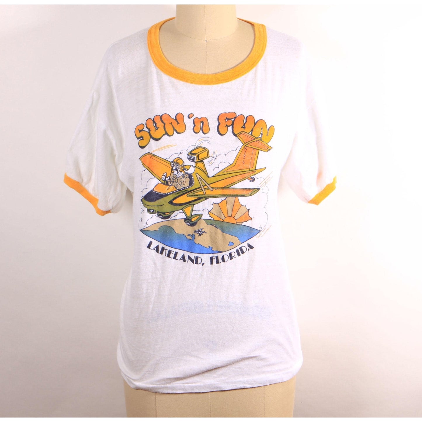 Late 1970s Early 1980s White and Yellow Flying Plane Sun N Fun Lakeland Florida T-Shirt