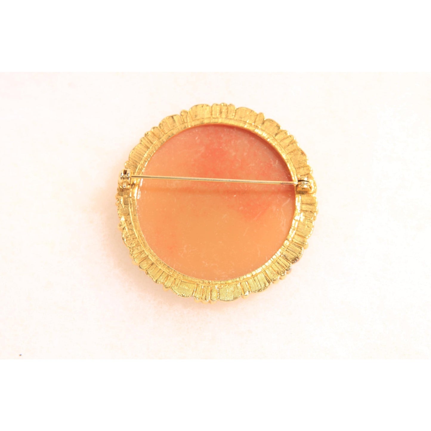1960s 1970s Peach Pink and Cream Gold Tone Metal Cameo Woman and Cherub Cameo Brooch