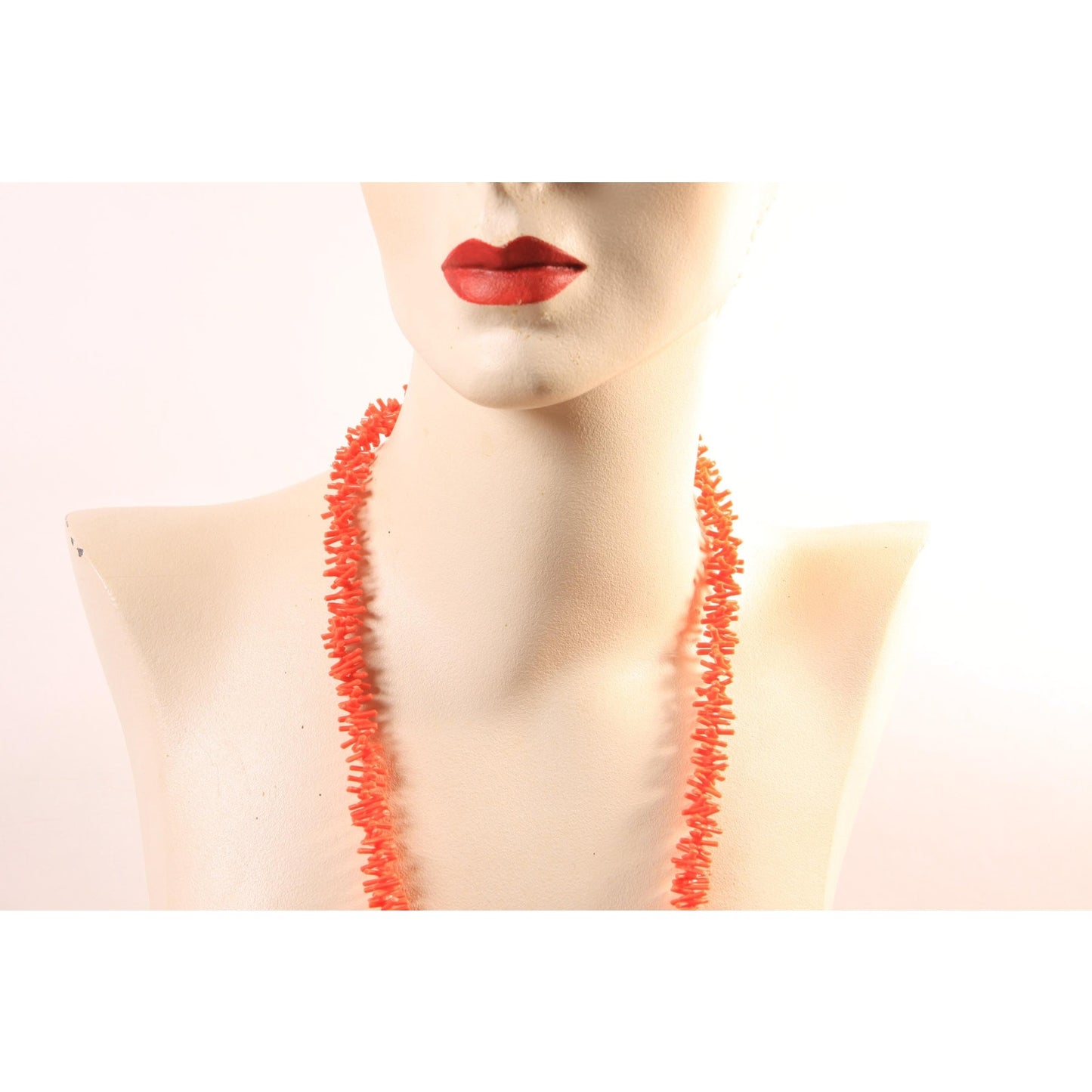 1960s 1970s Orange Pink Faux Coral Plastic Beaded Necklace by Hong Kong