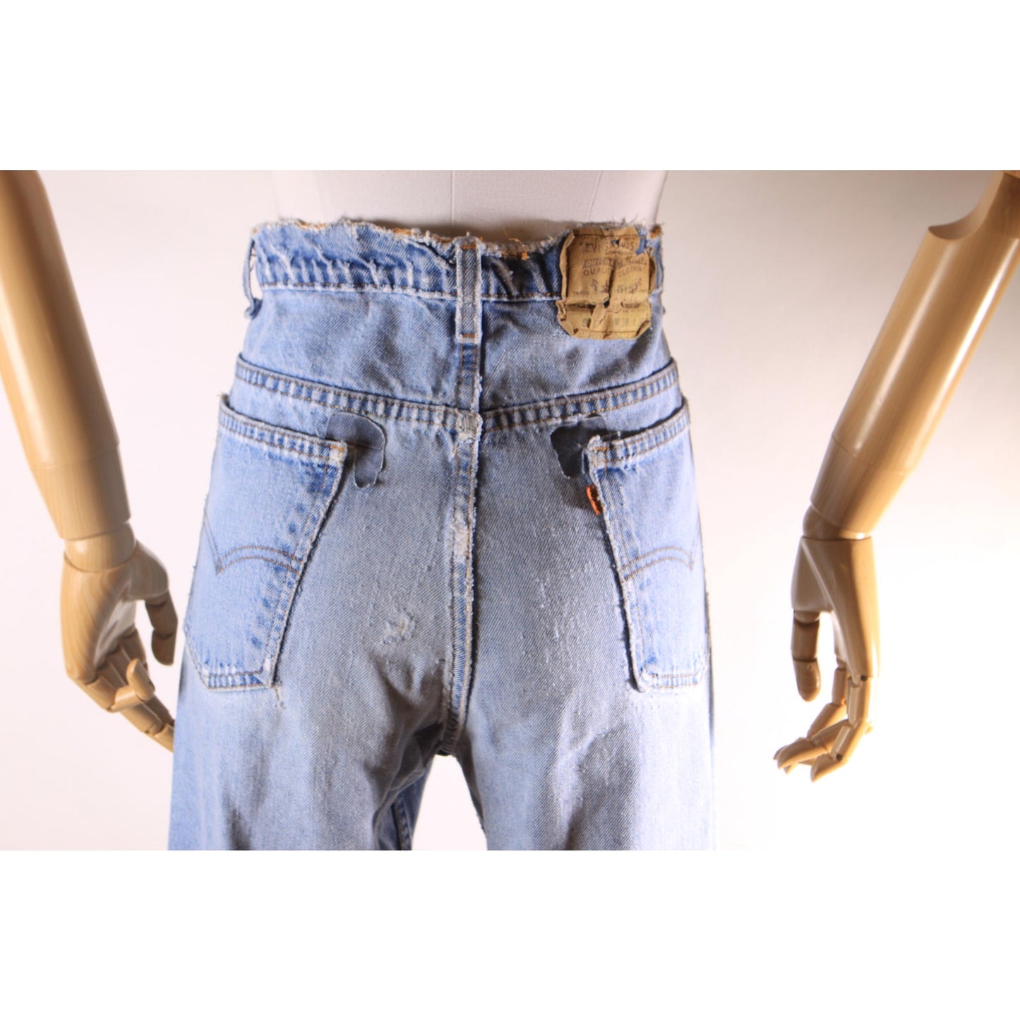 1980s Distressed Patch Fraying Blue Denim Orange Tab 517 Jeans by Levi's -38x30