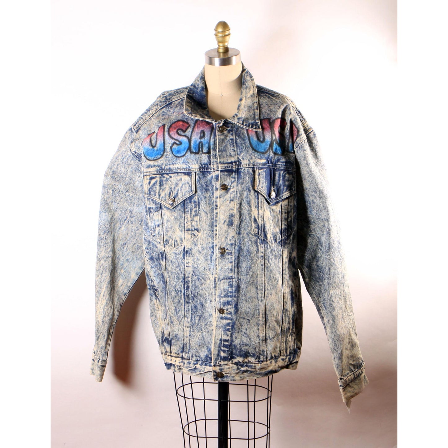 1980s Blue Denim Acid Wash Oversized Airbrush America Bald Eagle USA American Flag Jacket Coat by First Concept -L