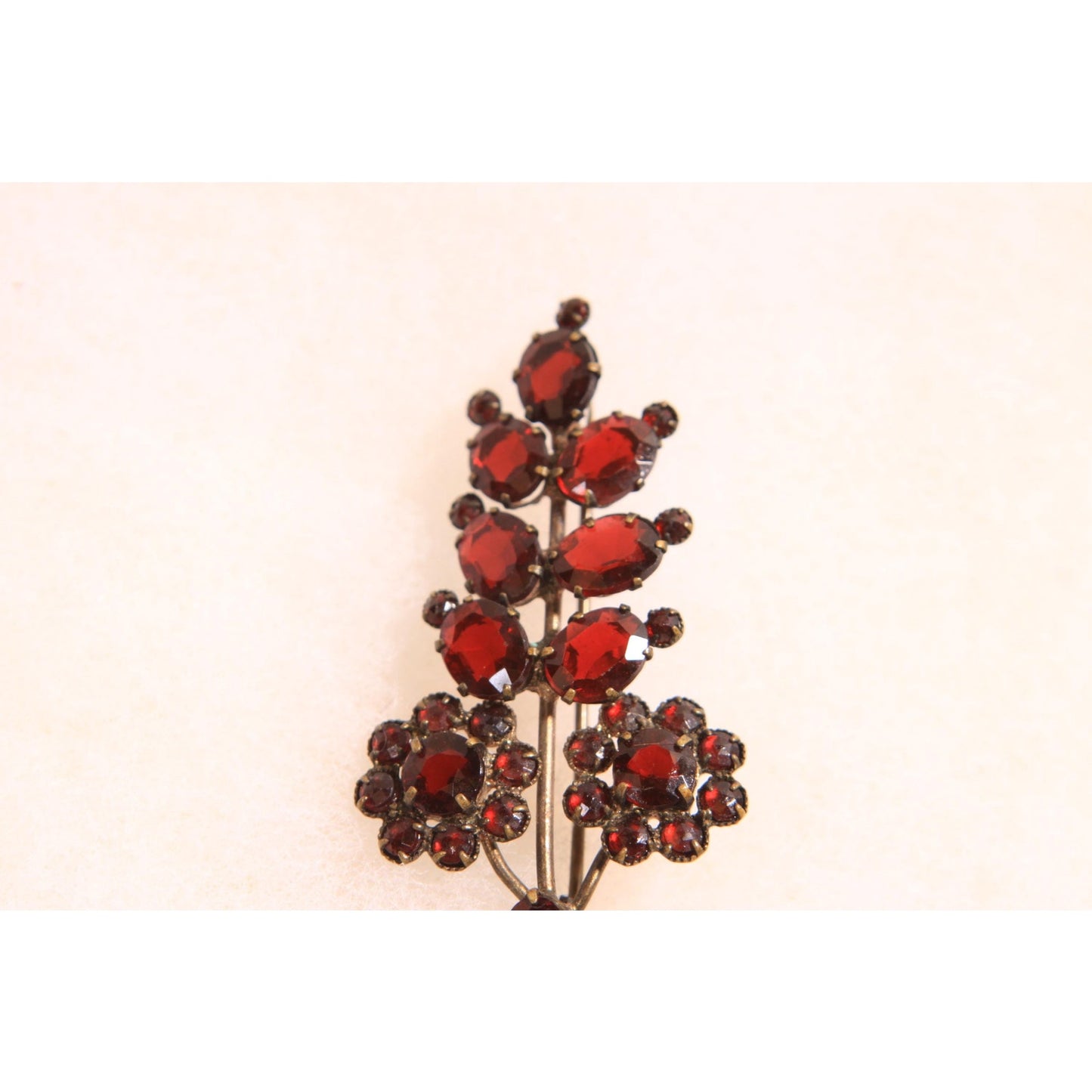 1930s Faux Garnet Red Glass Novelty Floral Leaf Bouquet Czech Slovakia Brooch