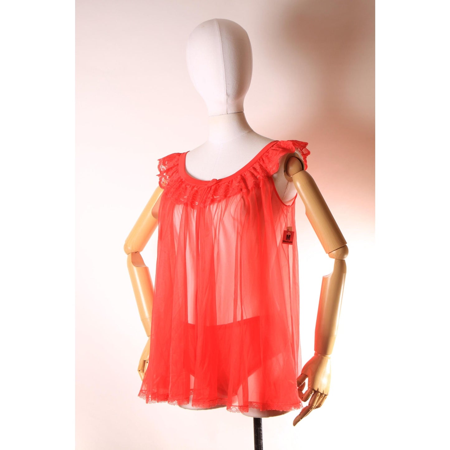 Deadstock Late 1960s Early 1970s Red Sheer Lingerie Night Gown Top with Matching Underwear Panties by JCPenney -M