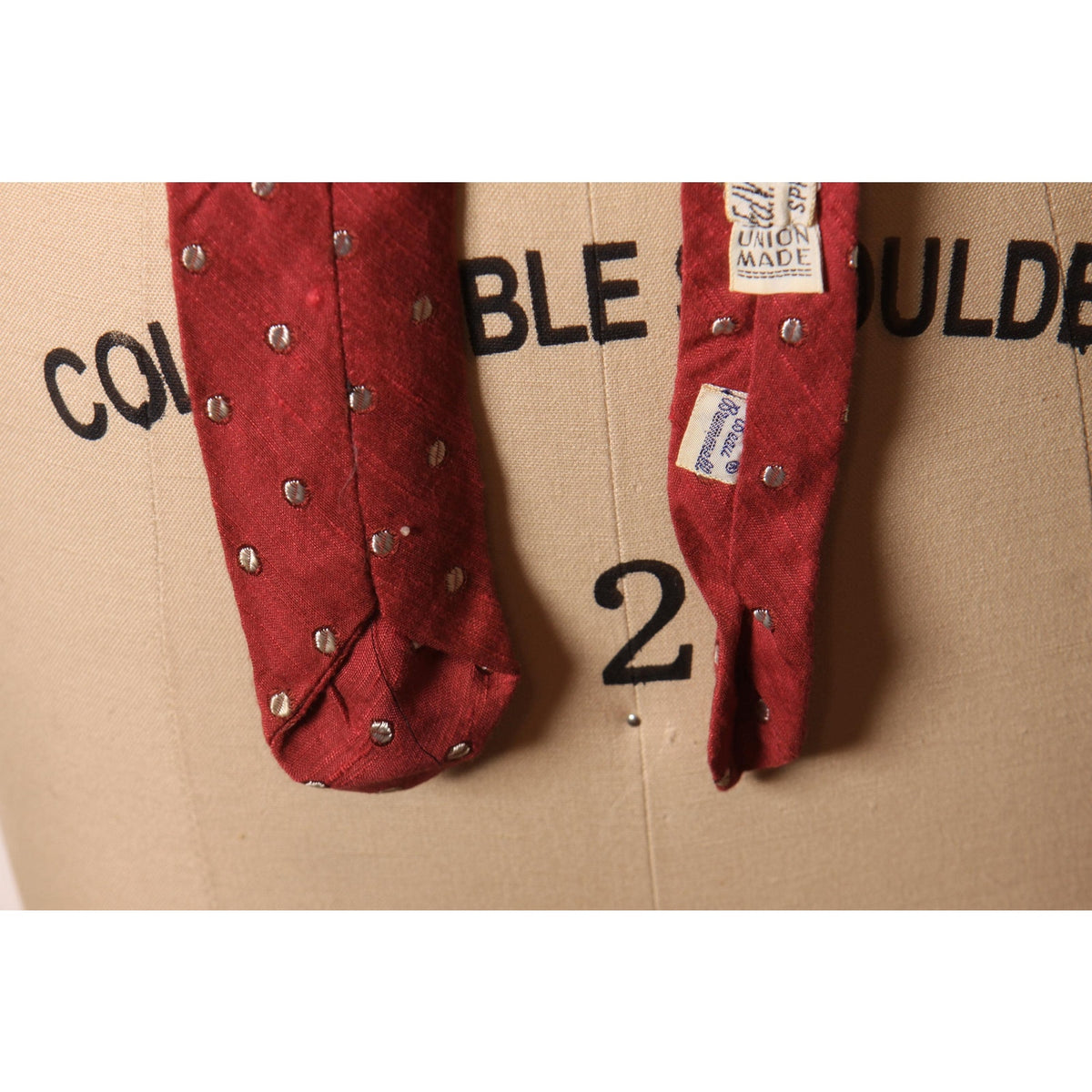 1950s Dark Red and White Coffee Bean Shape Polka Dot Print Skinny Necktie Tie by Beau Brummell