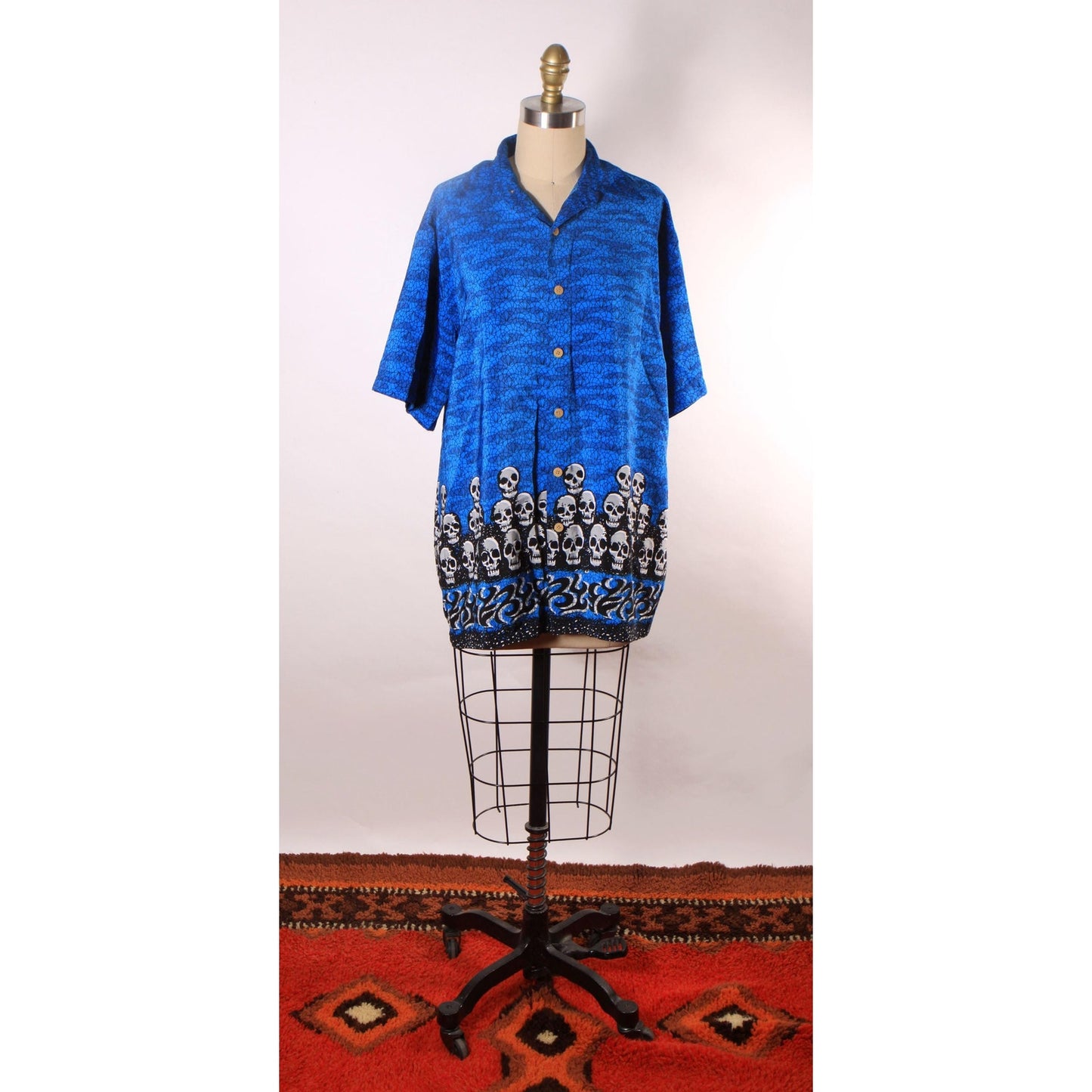 1990s Y2K Novelty Blue, Black and White Skull Border Print Button Down Mens Shirt by Extreme Gear -S