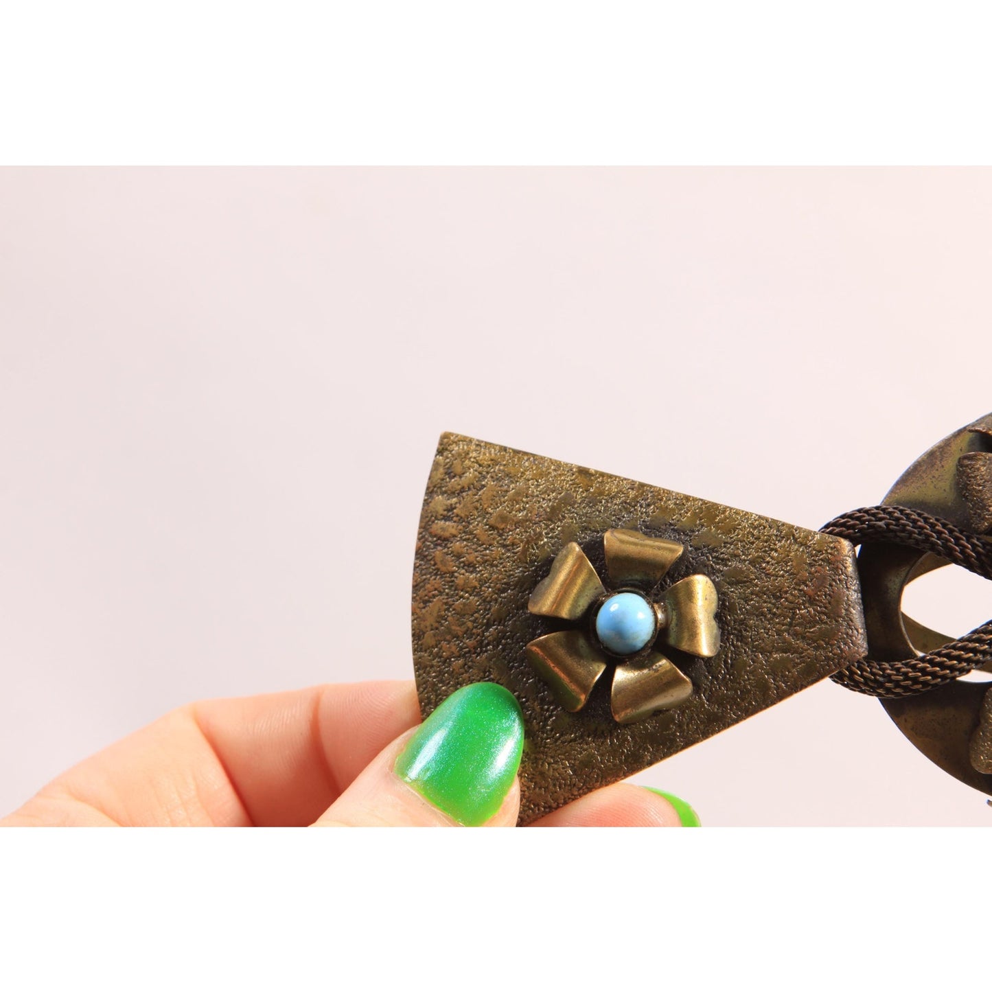 Antique 1900s 1910s Art Nouveau Edwardian Bronze and Turquoise Blue Metal Belt Buckle Clasp