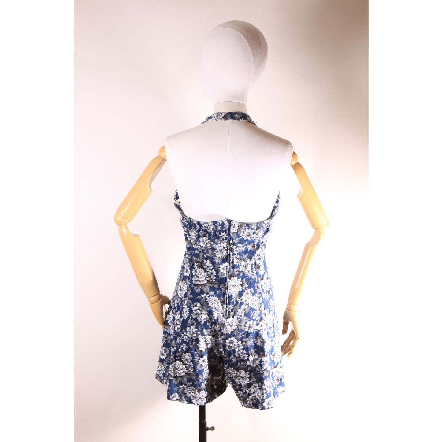 1990s Blue and White Floral Halter Top One Piece Romper by Energie -M