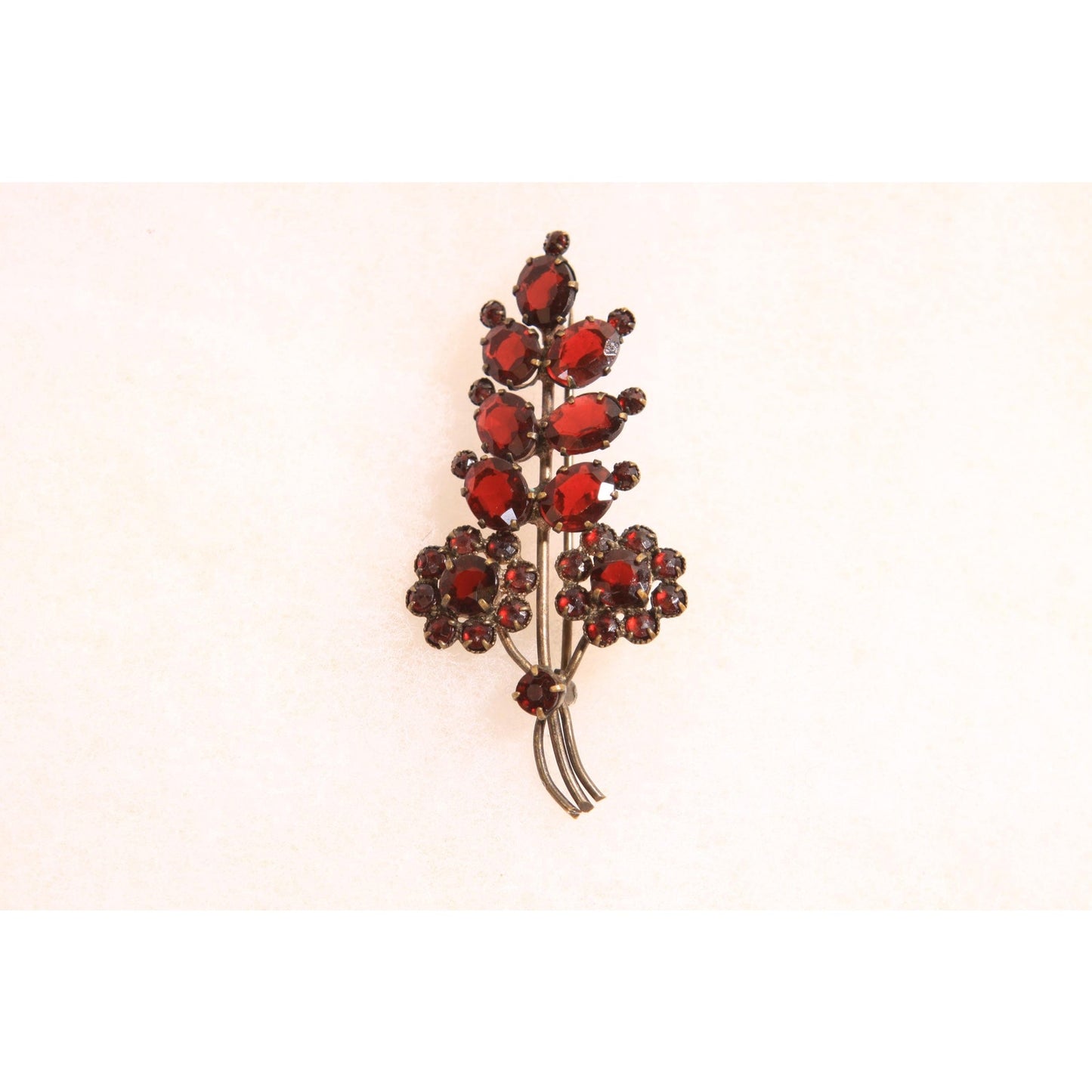 1930s Faux Garnet Red Glass Novelty Floral Leaf Bouquet Czech Slovakia Brooch