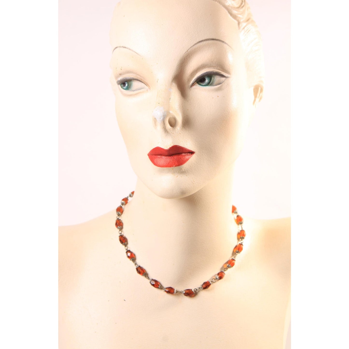 1940s 1950s Brass Tone Amber Glass Beaded Faceted Necklace