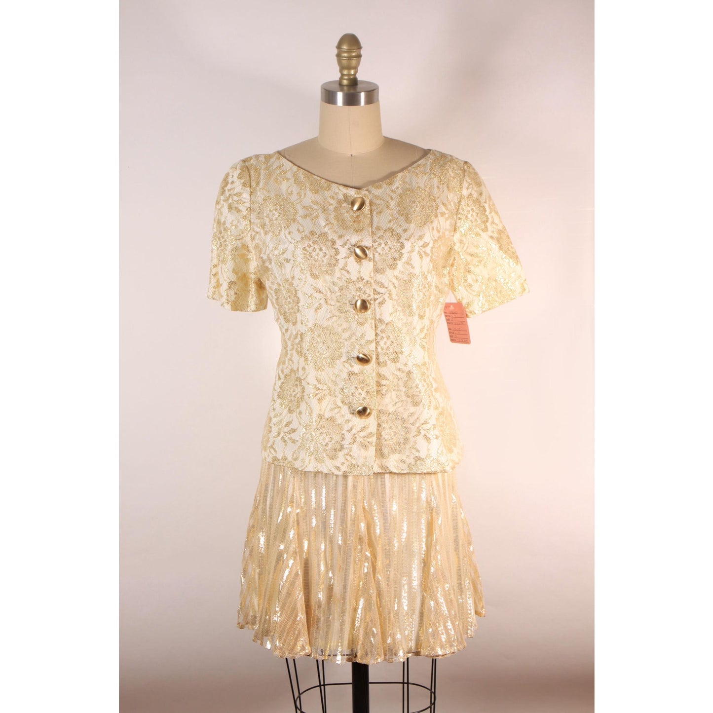 Dead Stock 1980s Gold Metallic Floral Flower Lace Button Down Blouse with Matching Striped Skirt Suit Outfit by Honeybee -XS