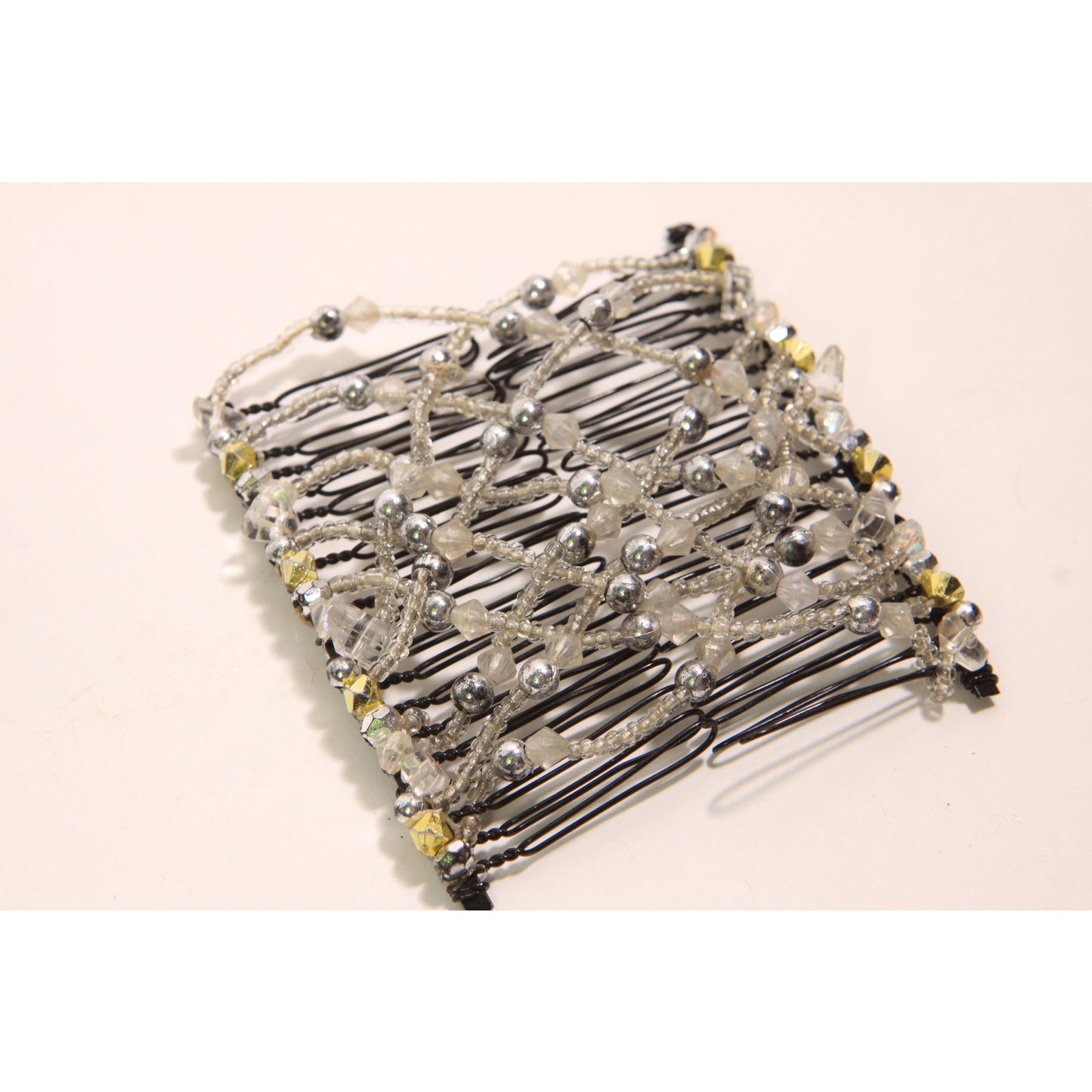 1990s 2000s Y2K Black, Silver and Gold Beaded EZ Stretch Hair Comb