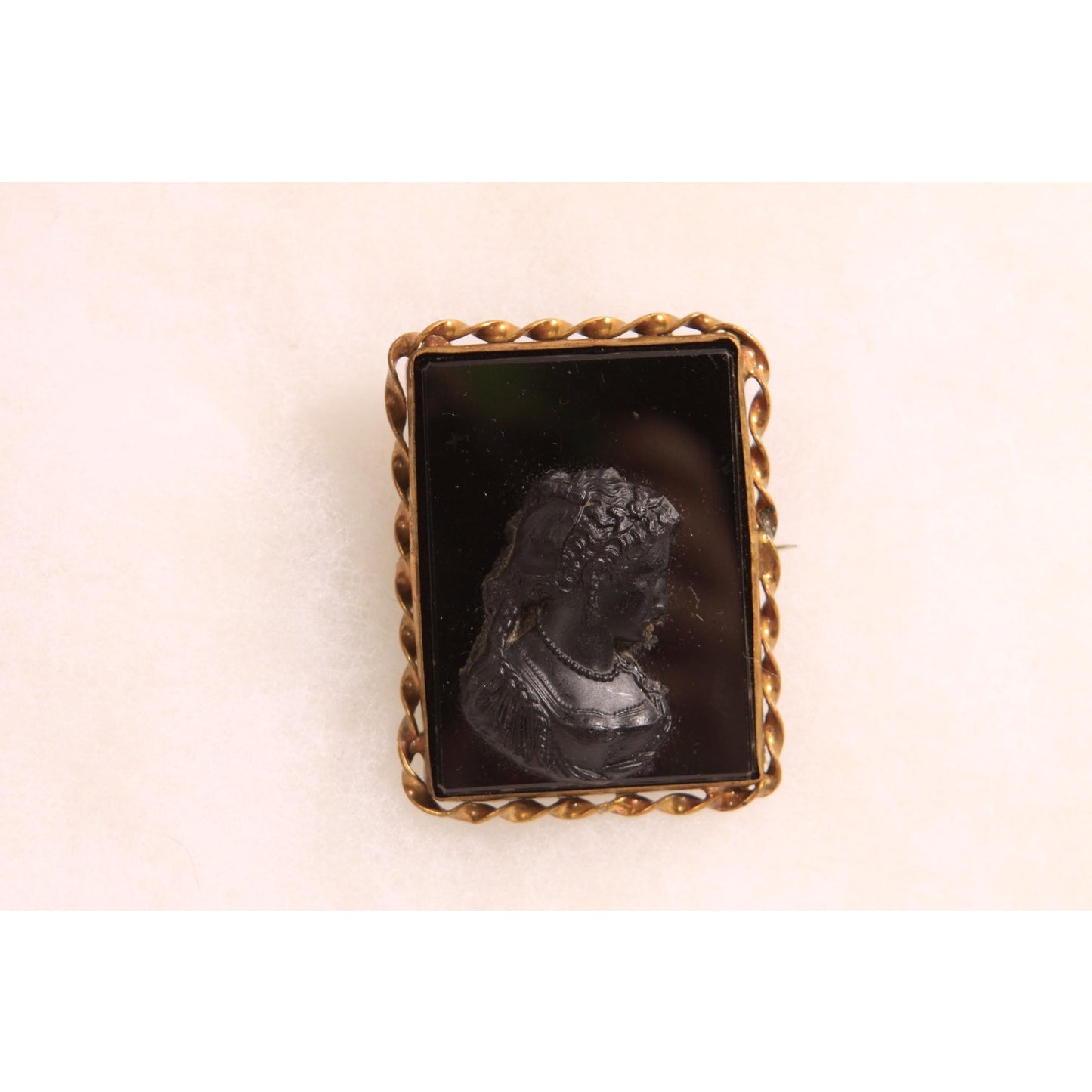 Antique Victorian 1800s Black Glass Cameo Square Gold Tone Metal Cameo Brooch