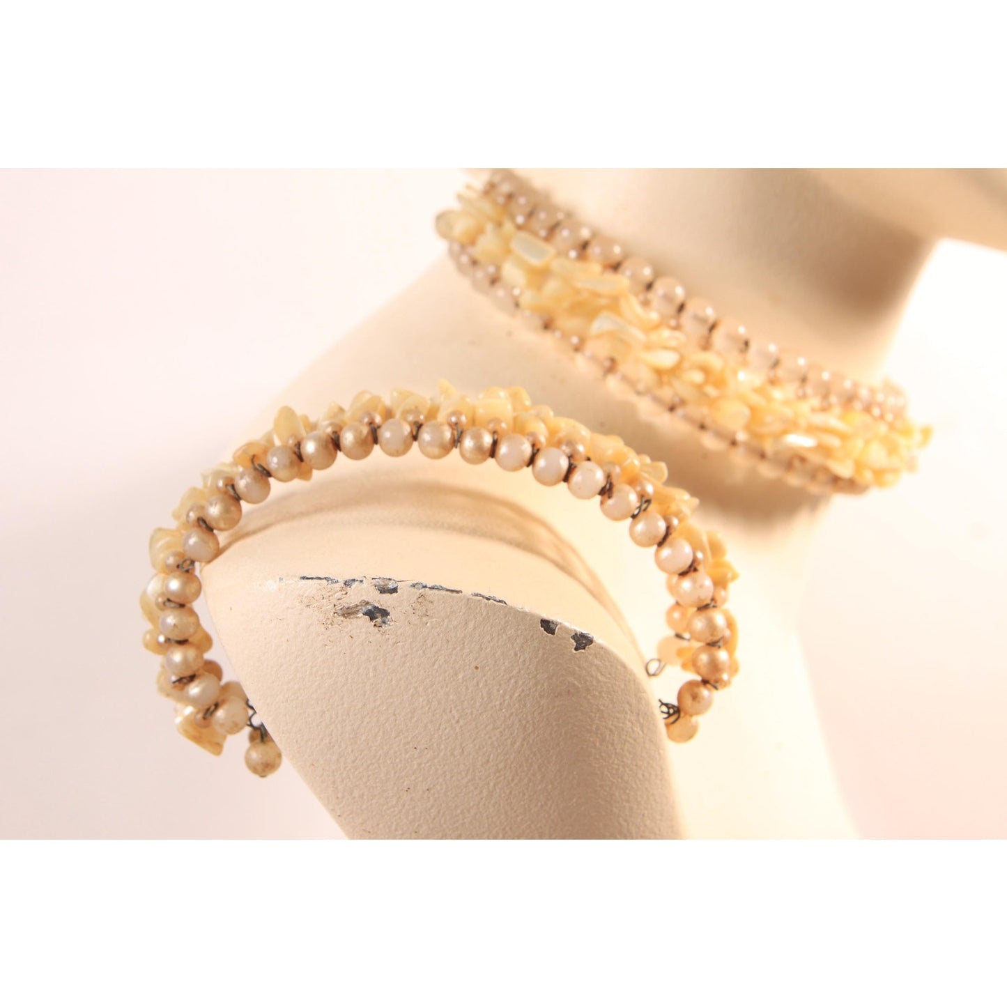 1950s Faux Pearl and Mother of Pearl Chip Wired Choker Necklace with Matching Bracelet
